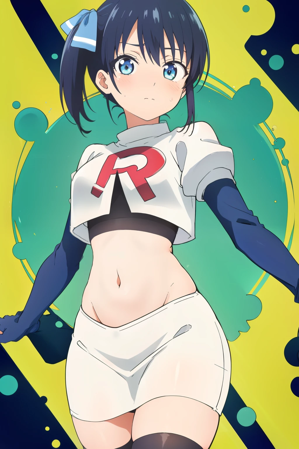 ((best quality)),((highly detailed)),masterpiece,absurdres,detailed face,beautiful face,(detailed eyes, deep eyes),(1girl),((dynamic pose)), minase, solo, 1girl, looking at viewer, blue bow, blue eyes, bow, side ponytail, blue hair, anime background, bangs, team rocket,team rocket uniform,white skirt,red letter R,crop top,black thigh-highs,black elbow gloves