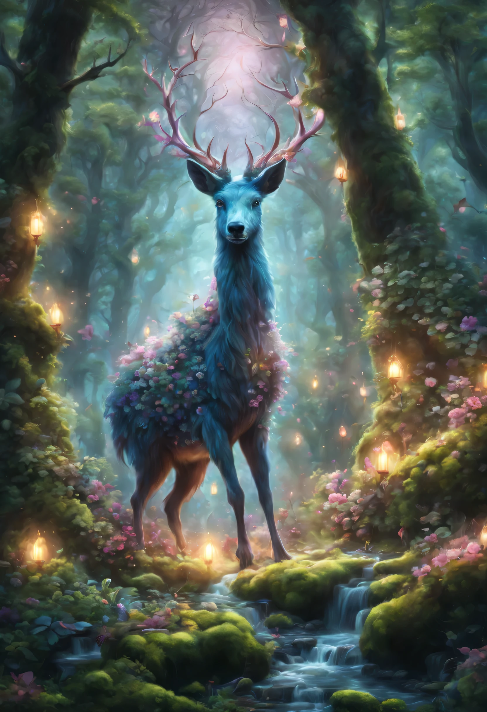 A mysterious enchanted forest, Fantastic animals living in the forest, Fantasy animals, magical world, mysterious creature, Bizarre creatures, Fantasy colors, enchanted forest, Fantasy elements, Fantasy elements, The forest is full of magic, It gives a sense of mystery、dreamy feeling, Charm Aura, (best quality,4K,8k,high resolution,masterpiece:1.2), Super detailed, (actual,photoactual,photo-actual:1.37), enchanted woodland, magical residents, mysterious flora and fauna, Vibrant and whimsical colors, charming elements, Atmospheric magic, fantastic forest scene, surreal environment, Strong sense of surprise and mystery.