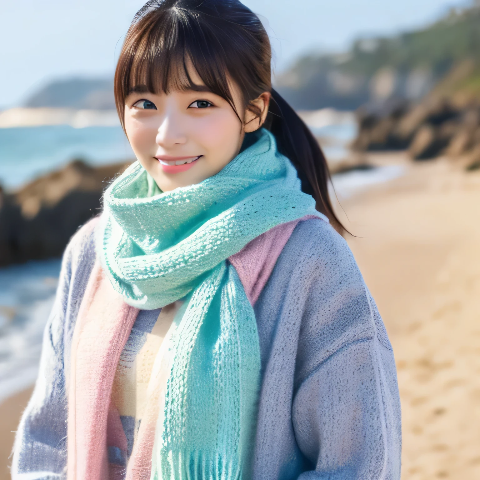 portrait,realistic,Japanese,20 year old girl,open your mouth a little,The body is frontal,looking at the viewer,vision,black hair in ponytail,bangs,smile,,smooth complexion, (from below:1.3),full body photo,Characters dressed in winter fashion。she、pastel sweater and matching skirt、comfortable trench coat、sophisticated jumpsuits and more、Wear an ensemble with unique elements。pastel colored scarf、chic mittens、elegant bags etc...、Decorated with impressive accessories、The background is the coast、sandy beach、beach(masterpiece:1.25),(clear eyes:1.1),(Gentle atmosphere:1.1),low contrast