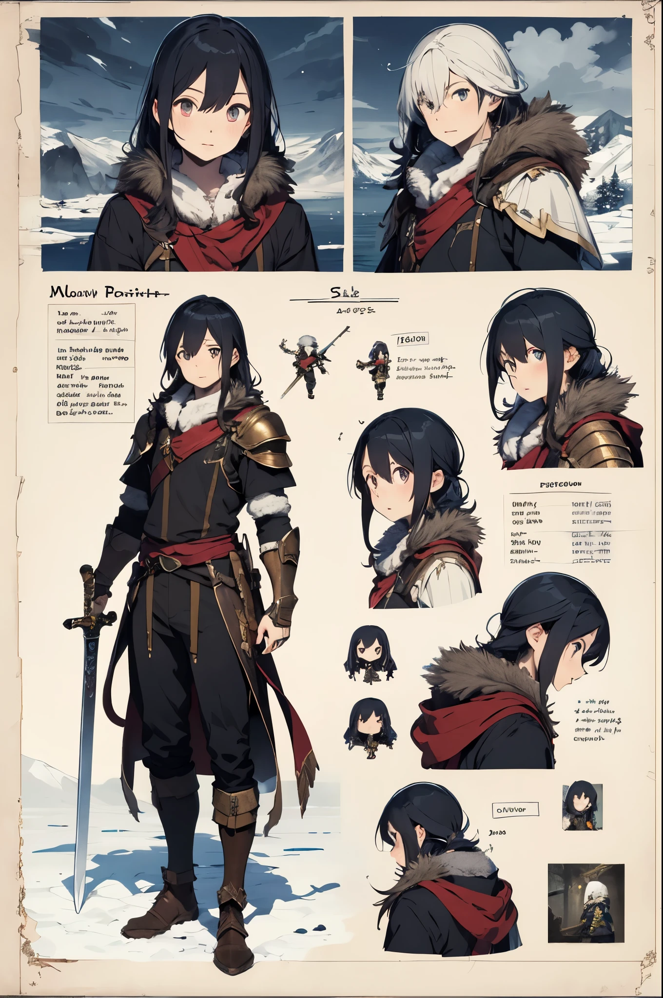 1boy, long hair, pale skin, adventurer, rpg , armor, skinny, fur, masterpiece, fantasy, character sheet, portrait, half body, snow, mountains, sword in hand,