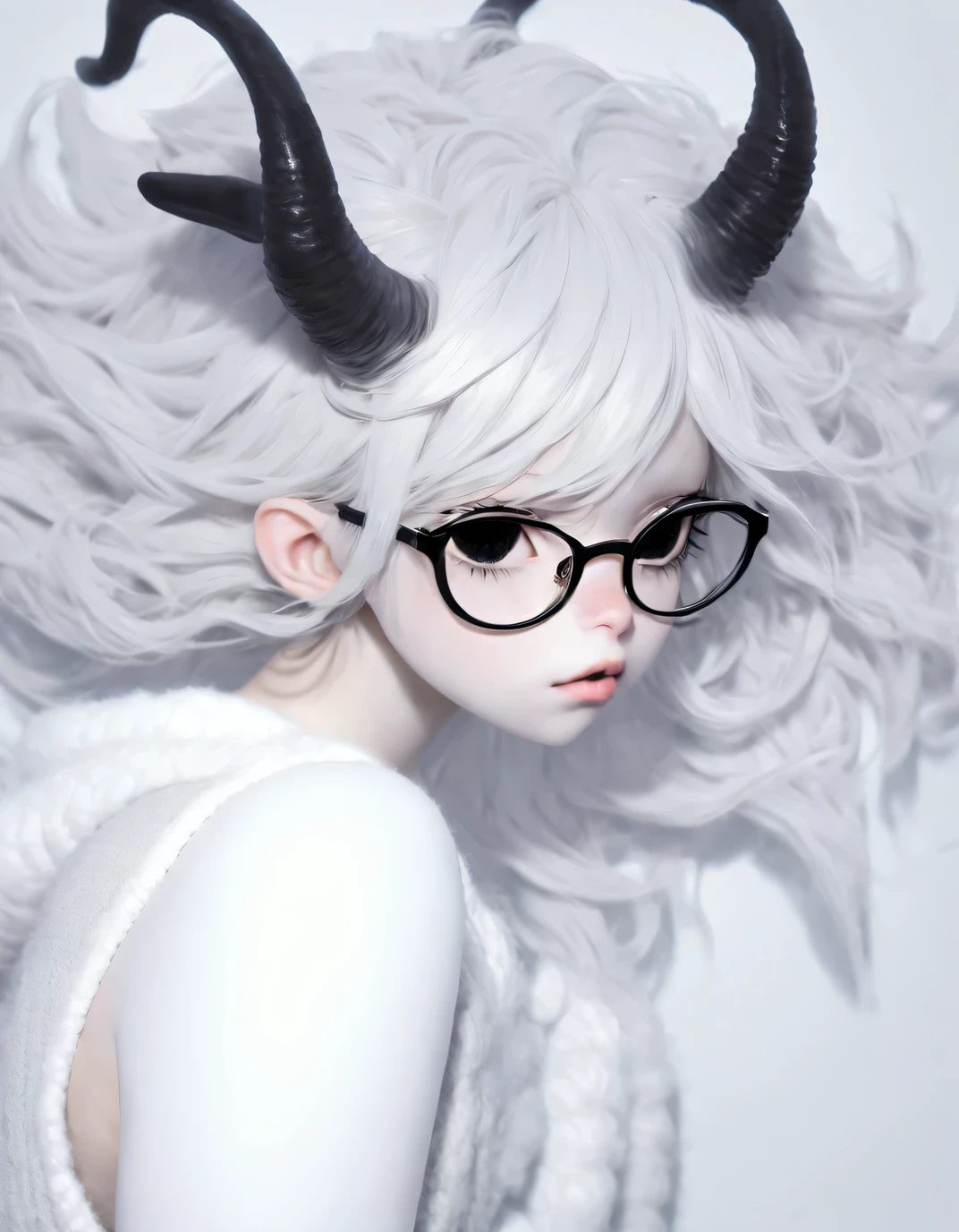 (Profile view,:1.2) A person's skin is very white、Demon girl with black horns, (Pitch-black eyes:1),( Wearing a white vest sweater and white bubble shorts:1.2) , white hair , Plenty of lighting , Very thin, freckle, intricate details, (Oversized glasses:1.2)