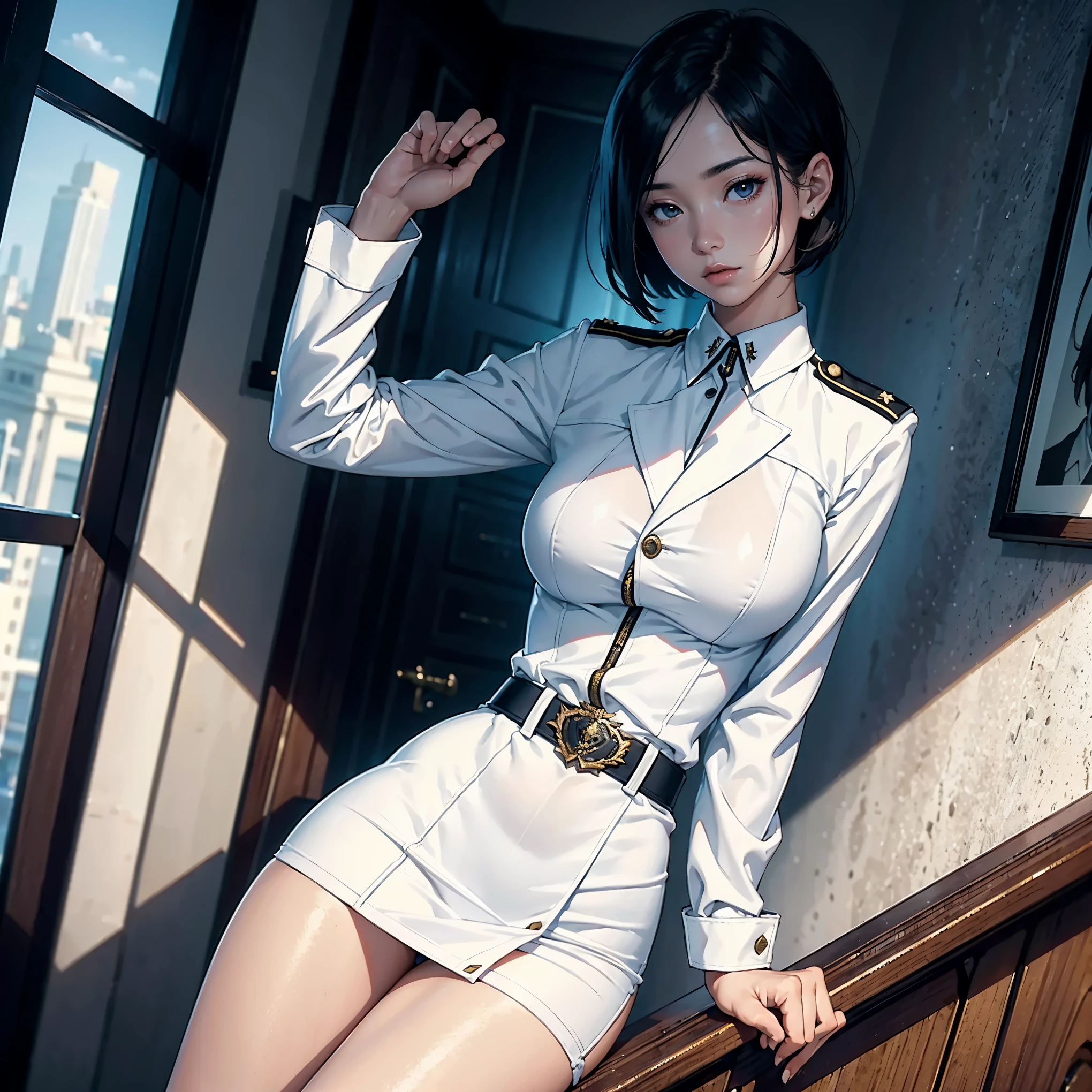 (Higher resolution, distinct_image) 1woman, solo, A woman of the best quality, masterpiece, highly detailed, semi realistic, asian woman with short hair, with central hair, 18 years old, young, tall and sexy, pure white clothes, white uniforms, military uniforms, military academy, undisciplined, unrestrained, sultry, seductive, sexy, beautiful, hot, authoritarian, powerful aura, Satan, angel, fine facial features, facial details,