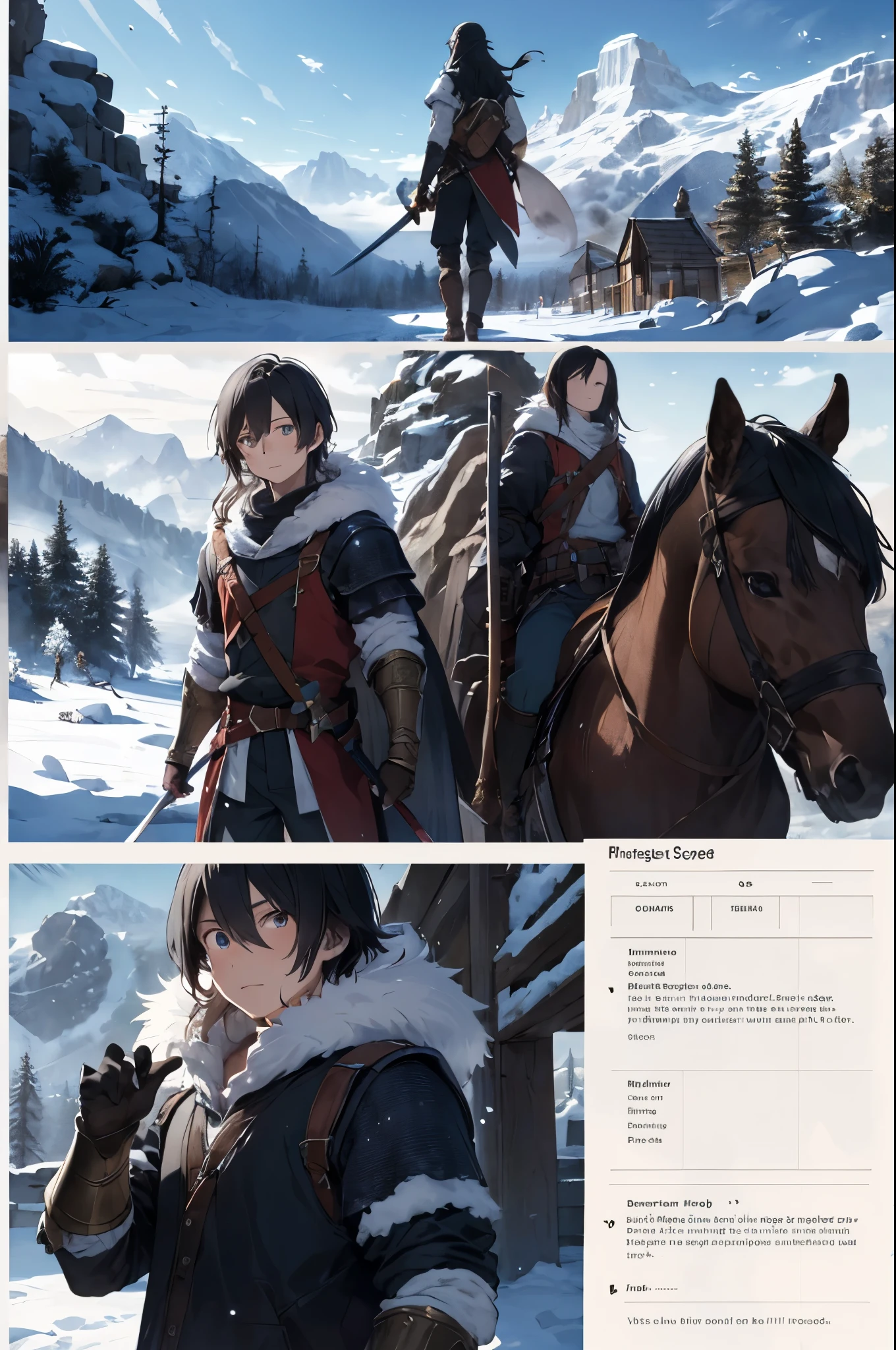 1boy, long hair, pale skin, adventurer, rpg , armor, skinny, fur, masterpiece, fantasy, character sheet, portrait, half body, snow, mountains, sword in hand,
