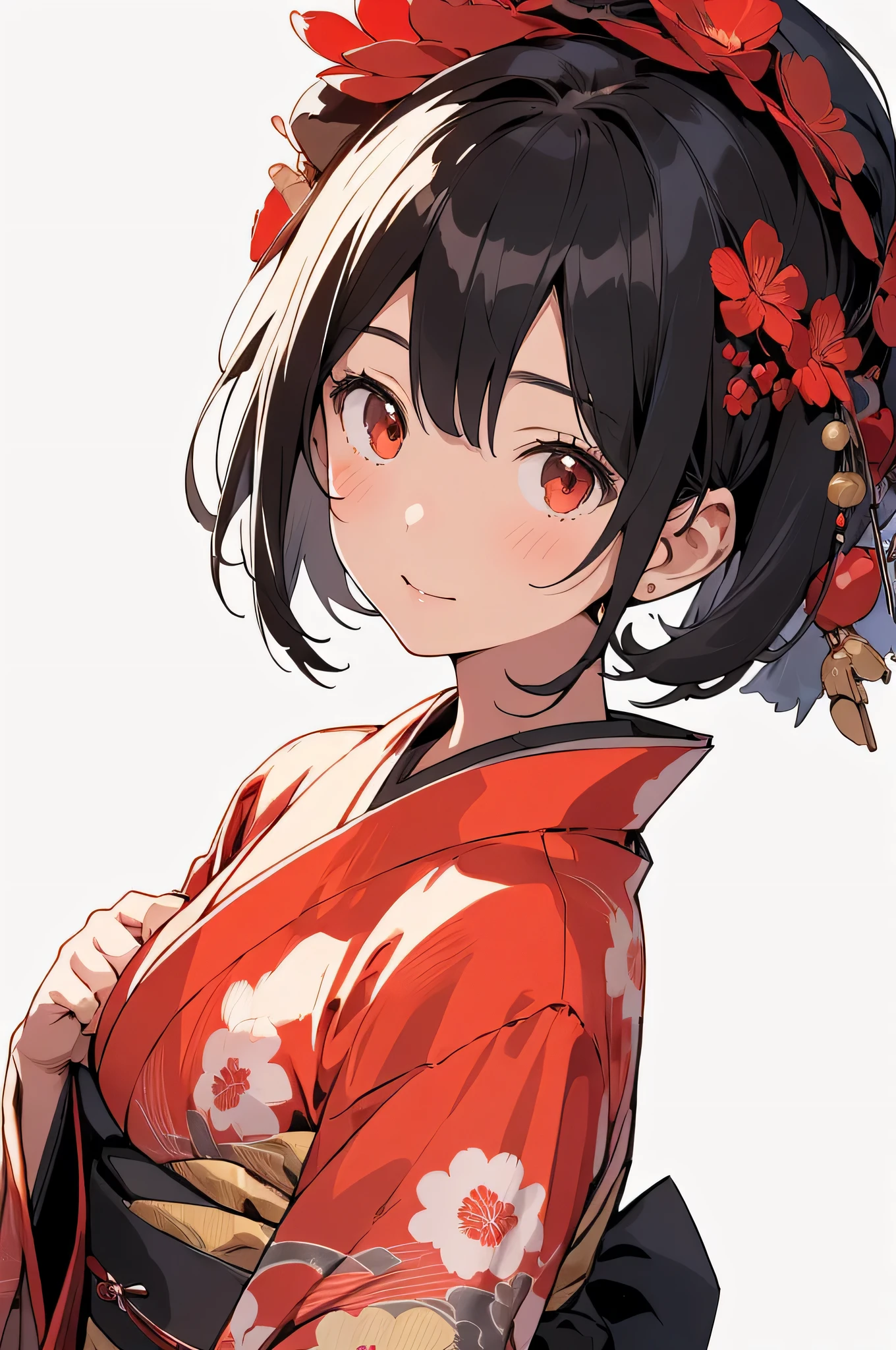 (Detailed and highest quality illustrations:1.2), (pretty girl:1.0), (1 girl, alone:1.0), (black short hair:1.0), (Red kimono:1.0), (Upper body:1.0), (Super detailed, High resolution, 4K:1.0),