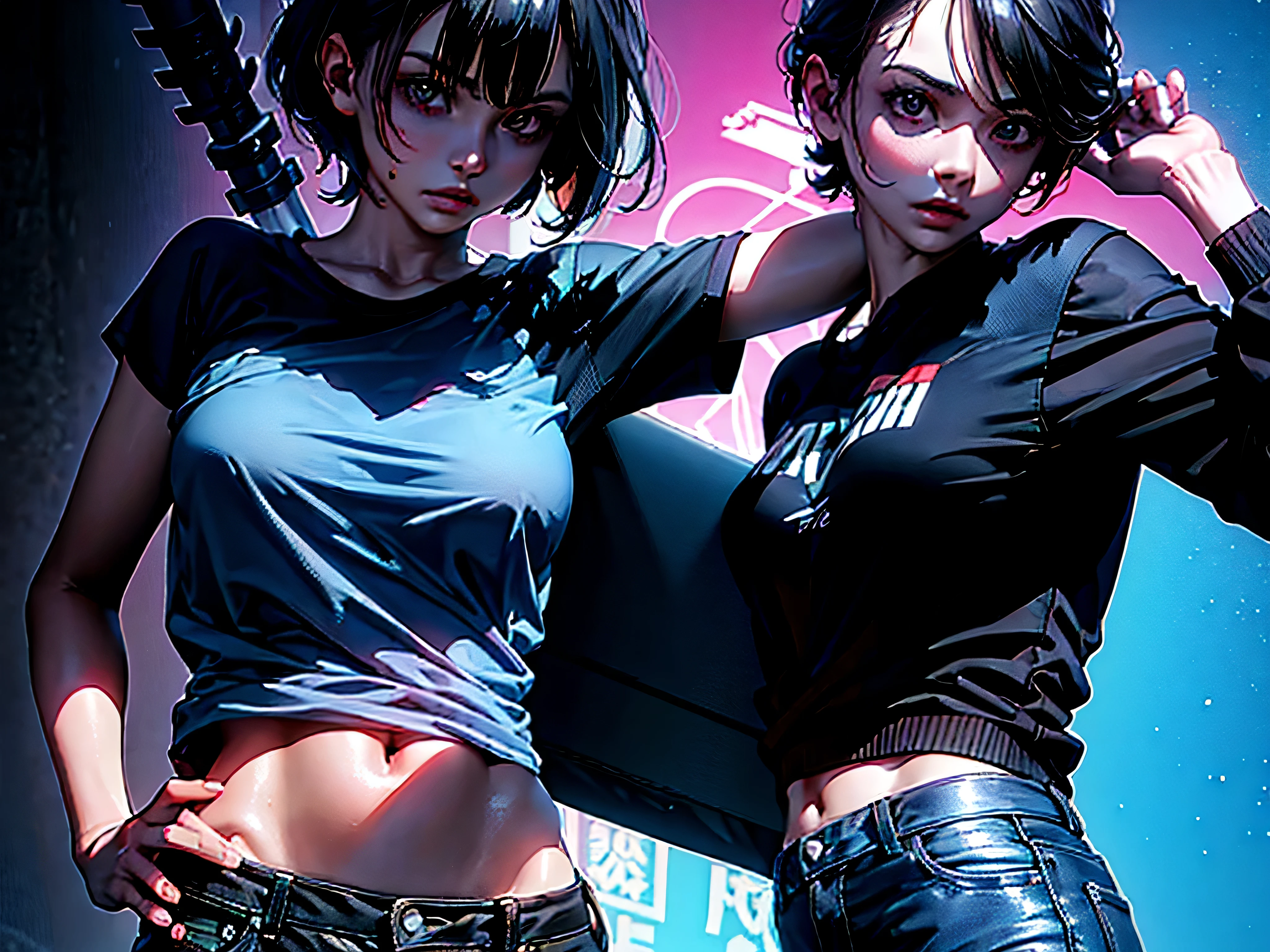 character concept art, cute pose, kawai, 1girl, fair skin, Yusuke Murata art style, girl alone, short hair, black hair, blue eyes, anime girl with tattoos on right arm, anime digital art, beautiful anime girl, female anime girl, anime art, muscular!, big oppai, Ilya Kuvshinov, anime badass 8k, anime art, cuberpunk hair, very attractive, gothic,  blue vampire eyes, beautiful face, ( smile sweat on face, sweat on hair, projectile sweat :1.3 ), short black hair, perfect body, fit body, abdomen, large breasts, chubby butt, prancing ass, prancing butt, gothic clothes, cyberpunk clothes, vampire clothes, muscular, simple background with the moon, pale skin, vampire, face with cute expression, sensual body, with power in the hands,
