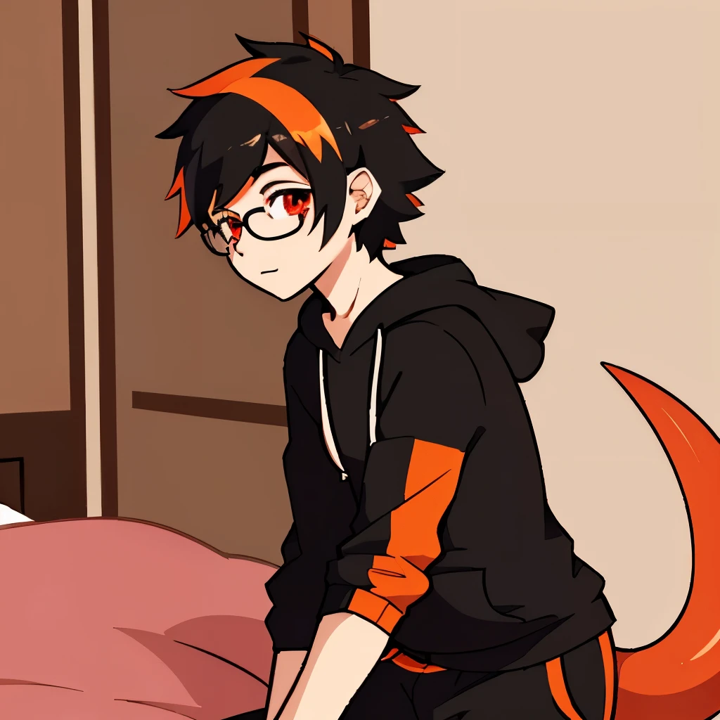 demon, no fur, fluffy black hair, glasses, only person, pale skin, orange highlights, crimson eyes, profile picture, demon tail, male, femboy, in room, gay, hoodie and pants, demon tail, profile picture, sweatpants, introvert, only person in room