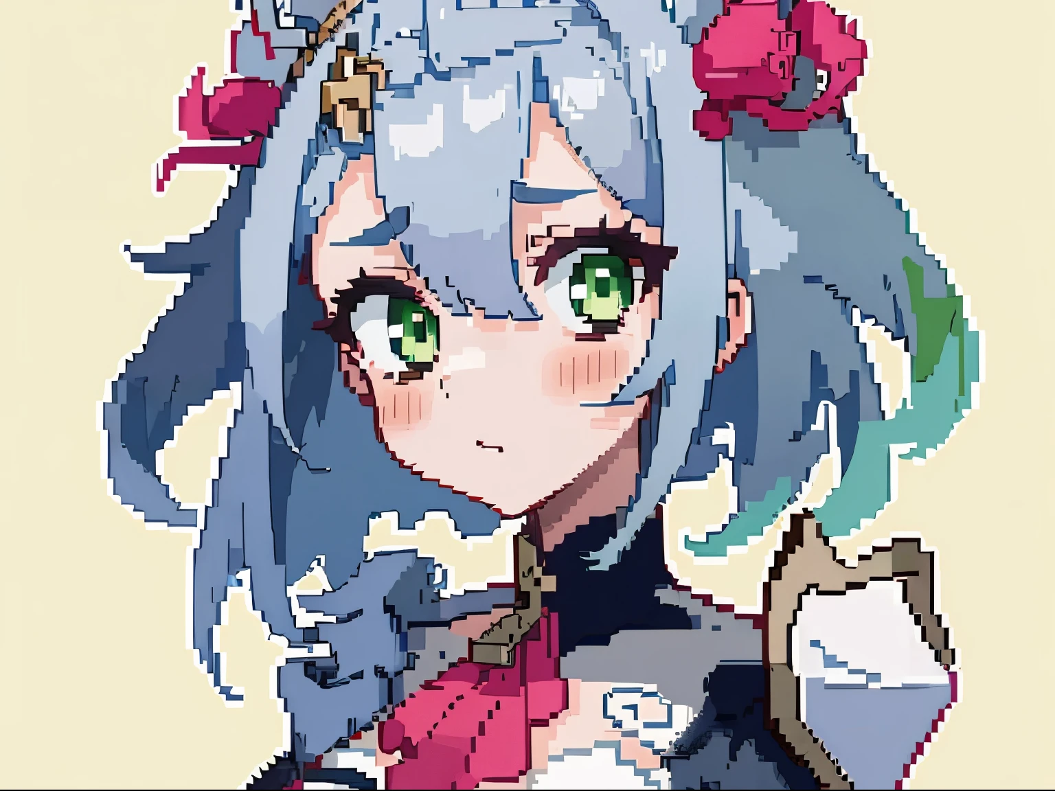 masterpiece, high quality, hcnone, pixel art, 1girl, noelle genshin impact, silver hair, green eyes, simple gold color background