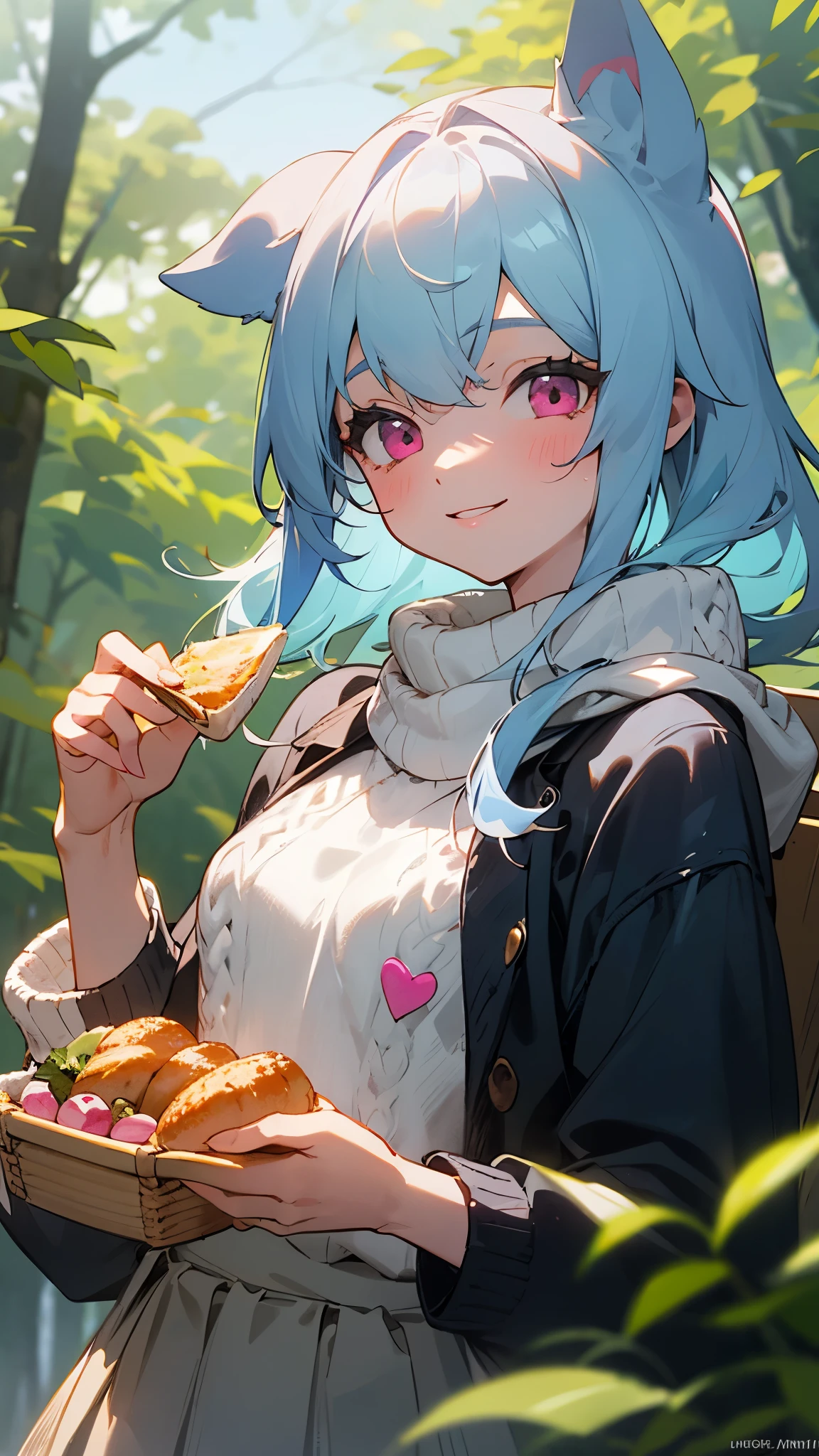  girl、light blue hair、dog ears、pink eyes、smile、small breasts、skirt、colorful knitwear、in the forest、morning、upper body close-up、Have a packed lunch