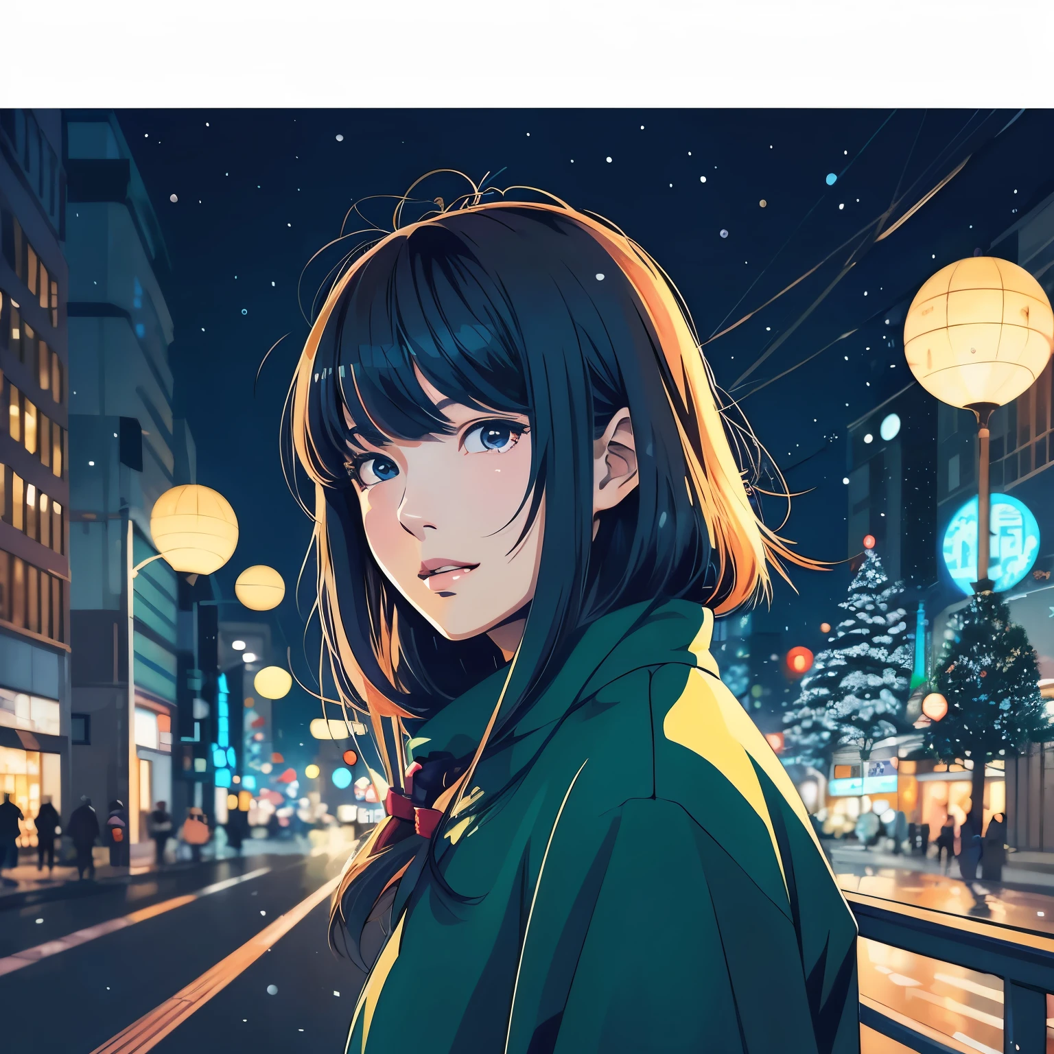 Illustration style、昭和anime、anime、Woman facing this way、Shinkai Makoto style、The season is winter、Tokyo at night、 (highest quality, super detailed, Natural light)