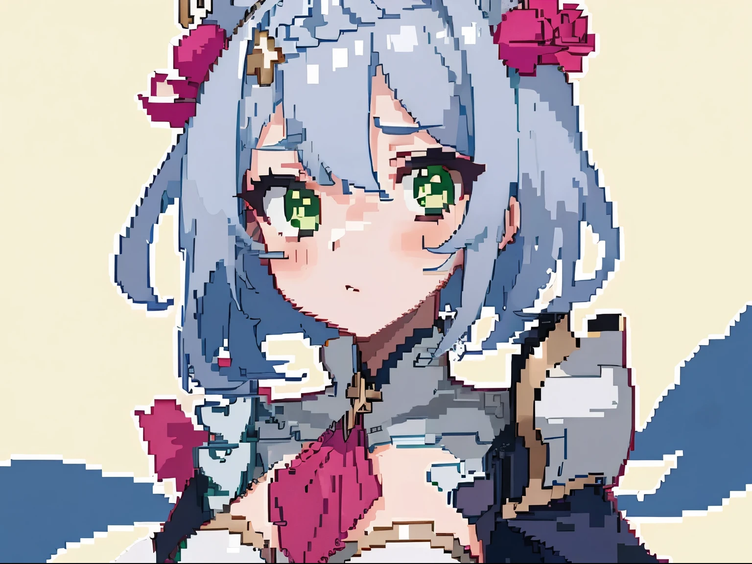 masterpiece, high quality, hcnone, pixel art, 1girl, noelle genshin impact, silver hair, green eyes, simple gold color background