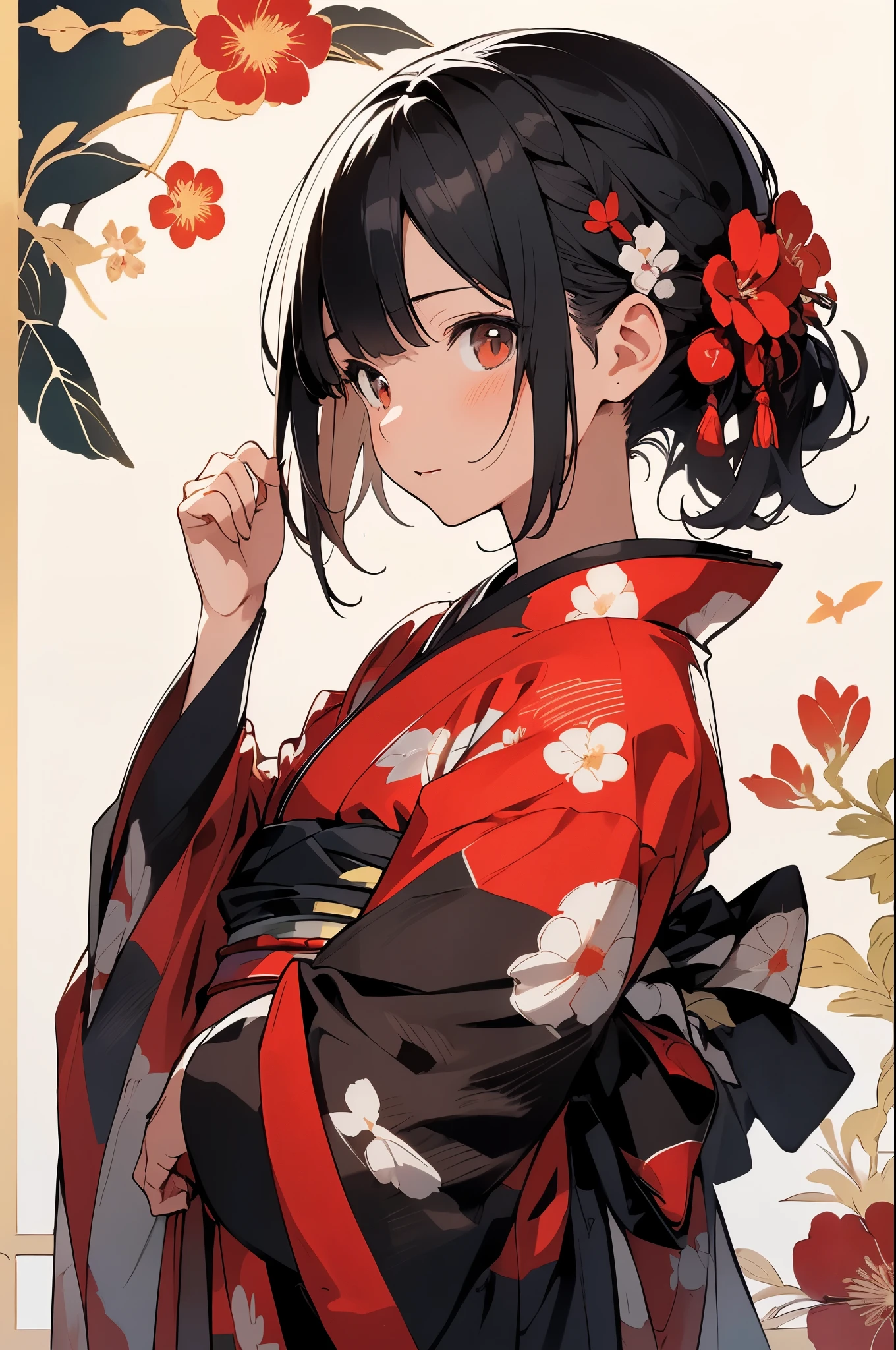 (Detailed and highest quality illustrations:1.2), (pretty girl:1.0), (1 girl, alone:1.0), (black short hair:1.0), (Red kimono:1.0), (Upper body:1.0), (super detailed, High resolution, 4K:1.0),