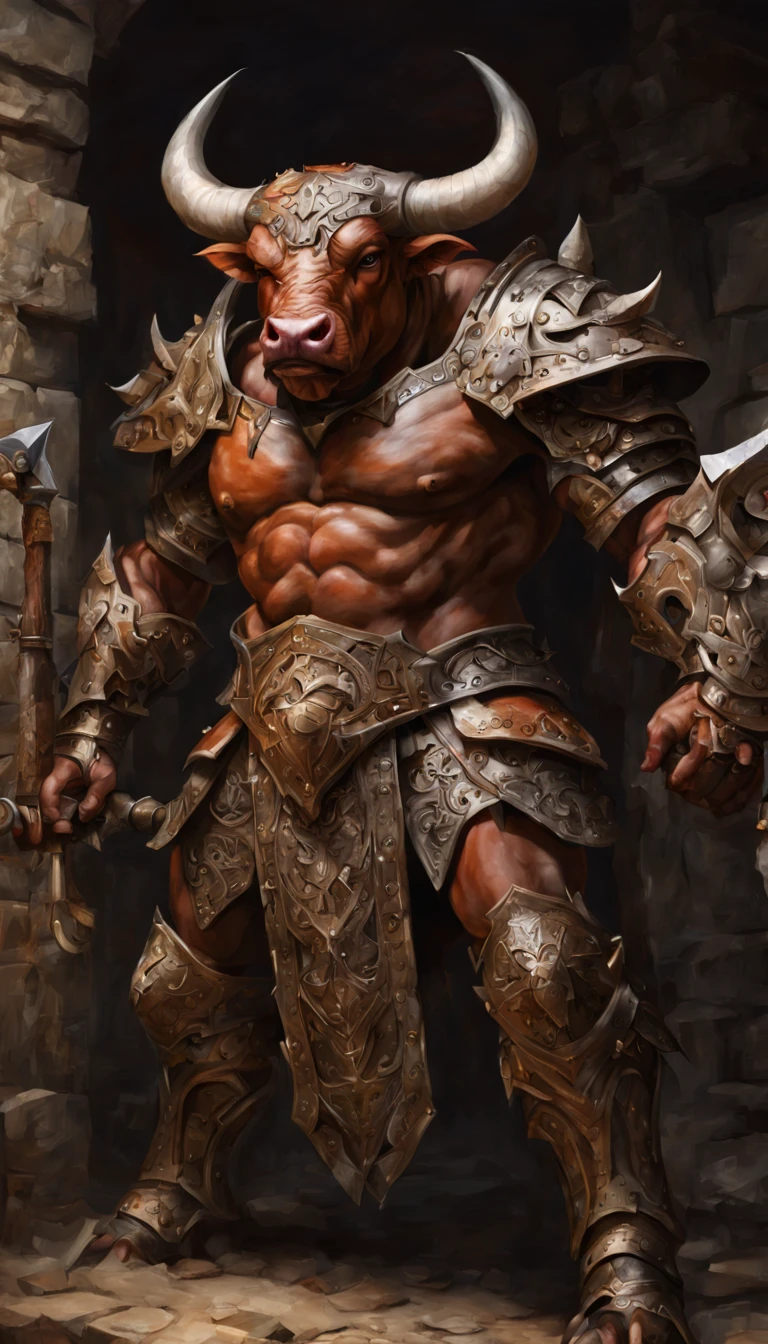 a minatour, humanoid fierce bull, armor, battle axe, dungeon interior, mythic, epic, Intricate, High Detail, Sharp focus, dramatic, photorealistic painting art by greg rutkowski