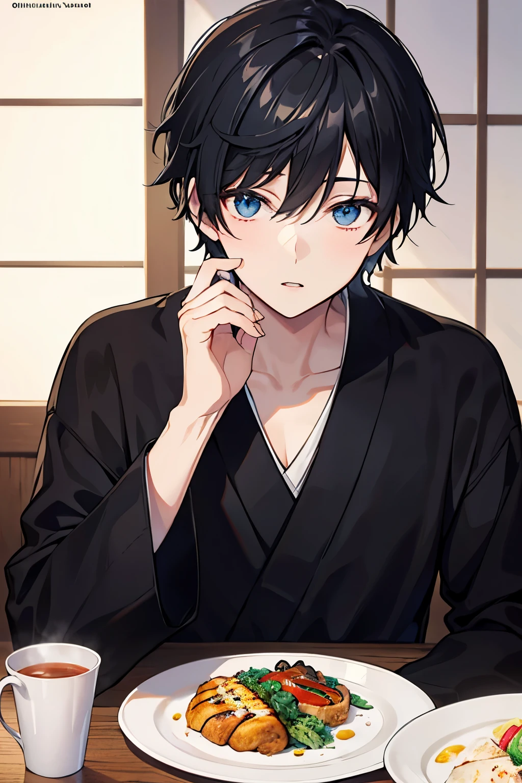 male black hair blue eyes short hair one person sweater slacks Brown coat ancient folk house Japanese style room table meal masterpiece Highest image quality noise removal clear parts cinematic shadow Increased attractiveness of the eyes clear parts the shine of the eyes Draw eyelashes neatly perfect eyes detailed eyes Sharpen image quality Sharpen eye writing clear parts eye shape