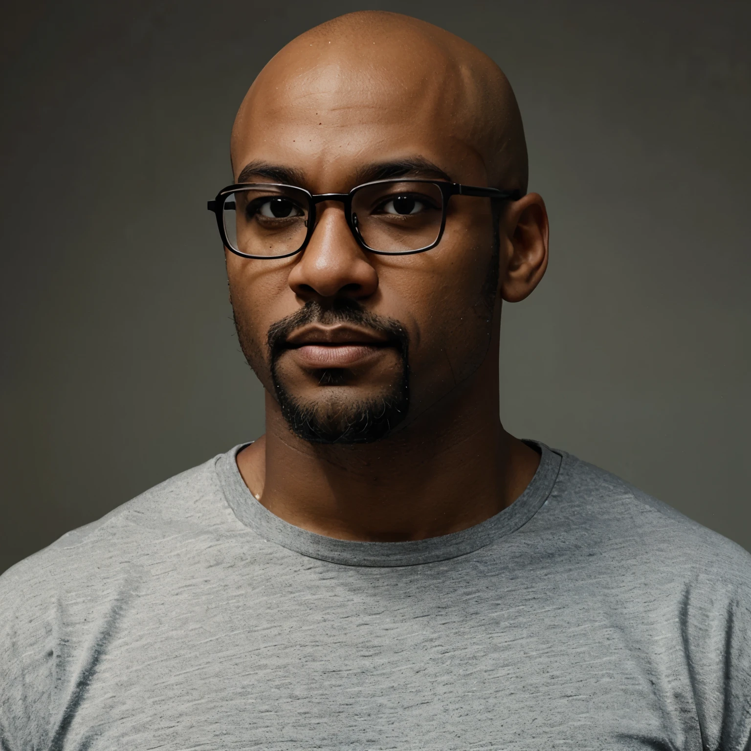 Create a bald black man with a beard without a mustache with a thin nose wearing square glasses