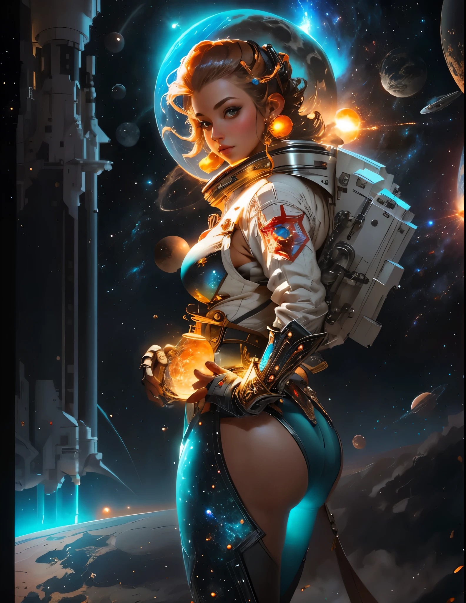 Space babe with big knockers riding a rocket cowgirl style, perfect anatomical hands and fingers, correct number of visible fingers, 36k resolution, sci-fi art style,