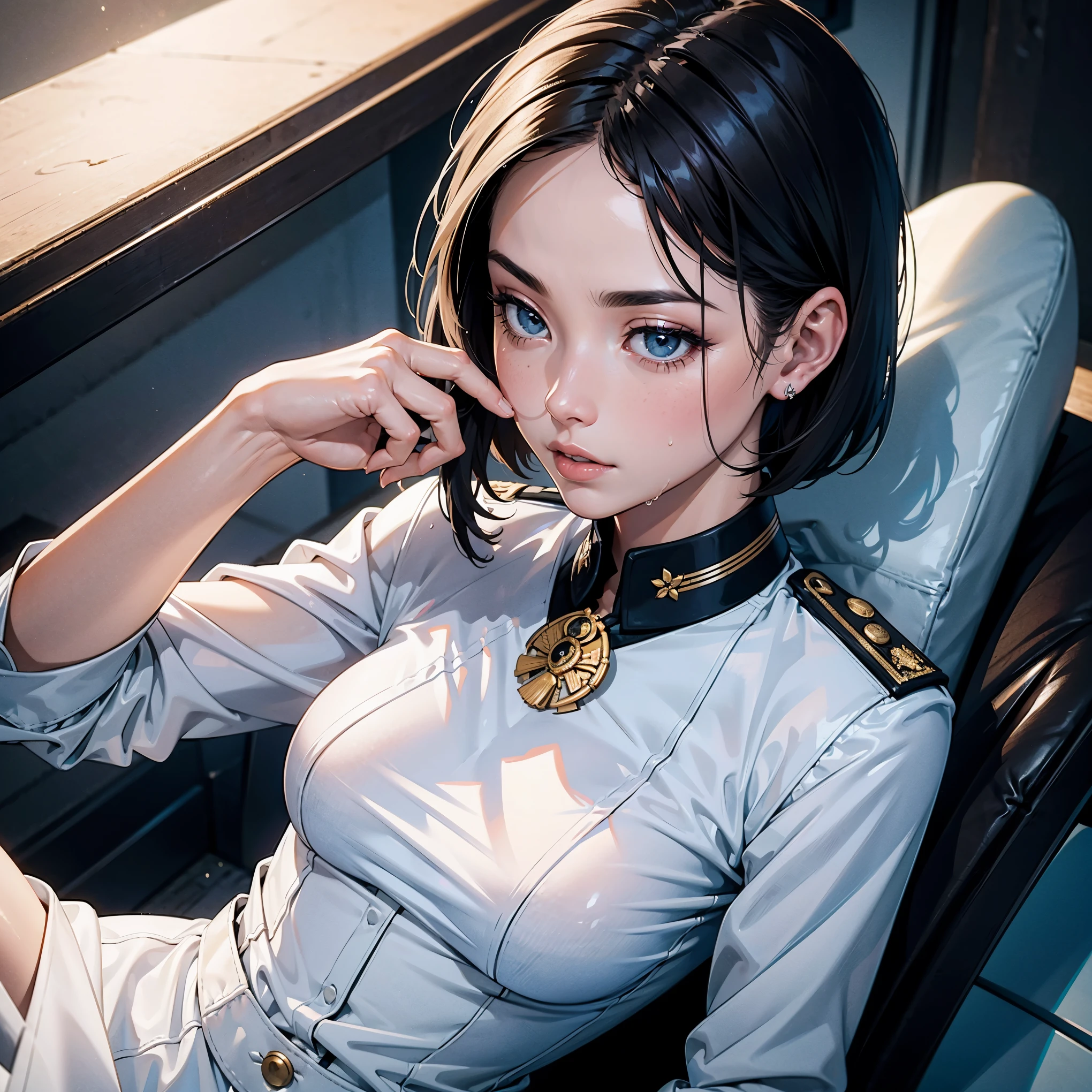 (Higher resolution, distinct_image) 1woman, solo, A woman of the best quality, masterpiece, highly detailed, semi realistic, asian woman with short hair, with central hair, 18 years old, young, tall and sexy, pure white clothes, wet white uniforms, wet military uniforms, military academy, undisciplined, unrestrained, sultry, seductive, sexy, beautiful, hot, authoritarian, powerful aura, Satan, angel, fine facial features, facial details,