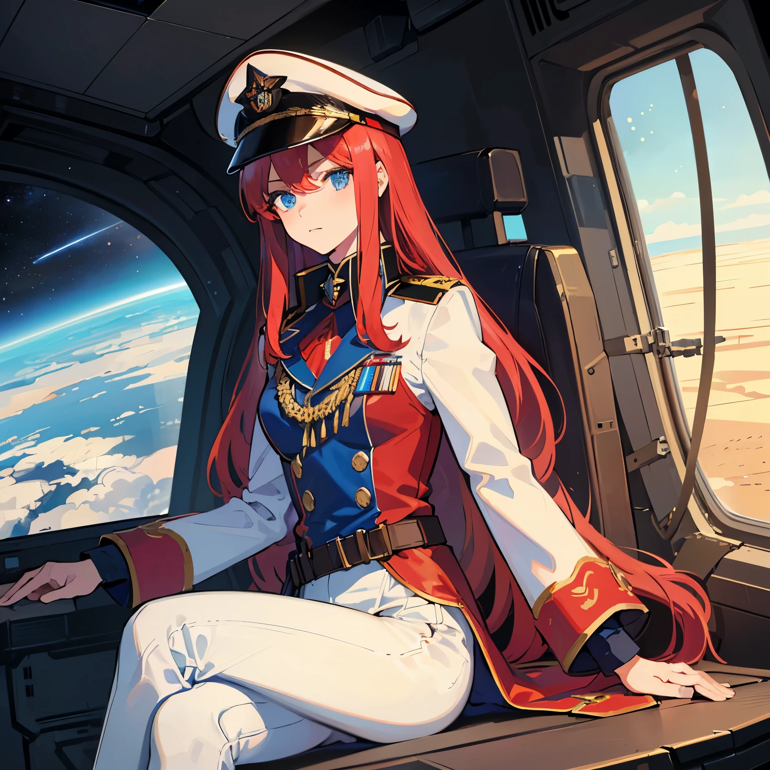 ((Masterpiece)), ((Highest Quality)), ((Best Quality)), (Illustration of One Girl), Full Body, 25 Years Old, Long Red Hair, (Thin Hair on Both Sides of the Face), Blue Eyes, (Tall)), ((Muscular Strong Body)), (Manspreading)), Open Legs, (((Military Uniform)), (Military Hat)), ((Military Coat)), (White Clothes), (White Pants), (White Hat), Trench Coat, ((Inside the spaceship, sitting in the captain's seat)), (outside the window, space, Earth seen from space, spaceport)