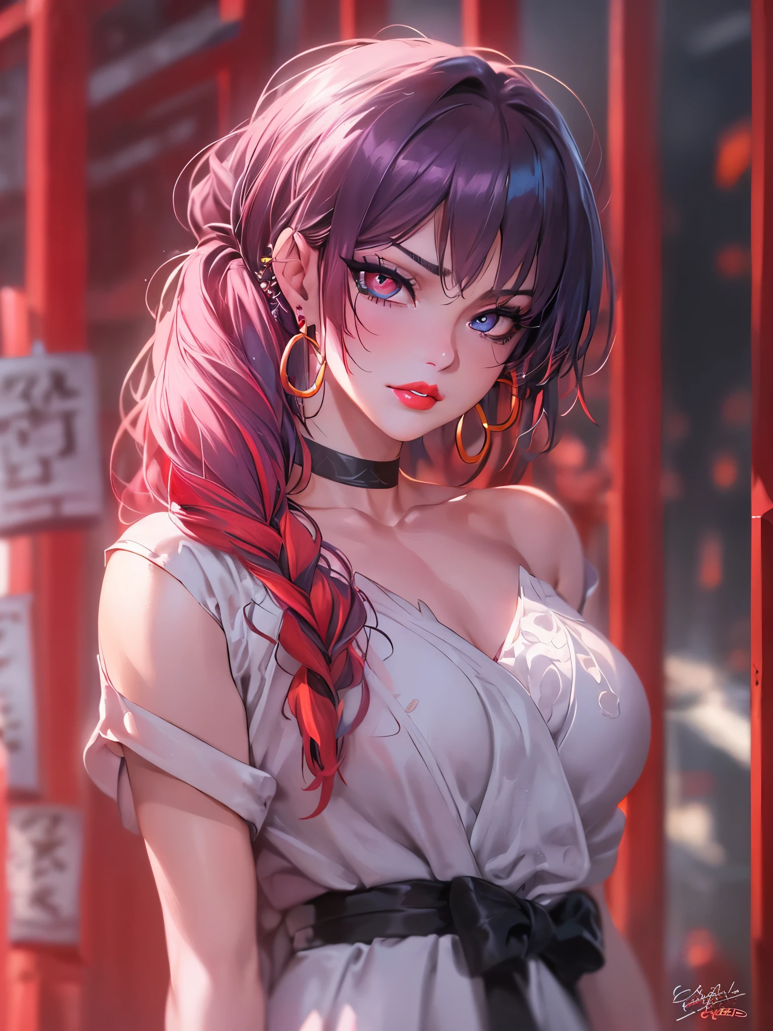 anime style, movieポートレート写真, 1 female, 22 years ago, Full body Esbian,Blue eyes background, big and full breasts, anger, (scarlet colored hair), long hair, purple eyes, wearing a short black dress, (natural skin texture vivid details, surreal, (realistic detailed eyes, natural skin texture, realistic facial details), soft and dramatic lighting, Depth of written boundary, Bokeh, vivid details, surreal, 35mm movie, hazy blur, movie,lipstick, ear piercing, eye shadow, hoop earrings, Red-pink lips, multicolored red eyes, purple theme,,Wear an iridescent aura,beautiful eyes,stand in front of the red gate、shrine,Jingumae,bold pose、decide on a pose,upper ponytail,drooping bangs