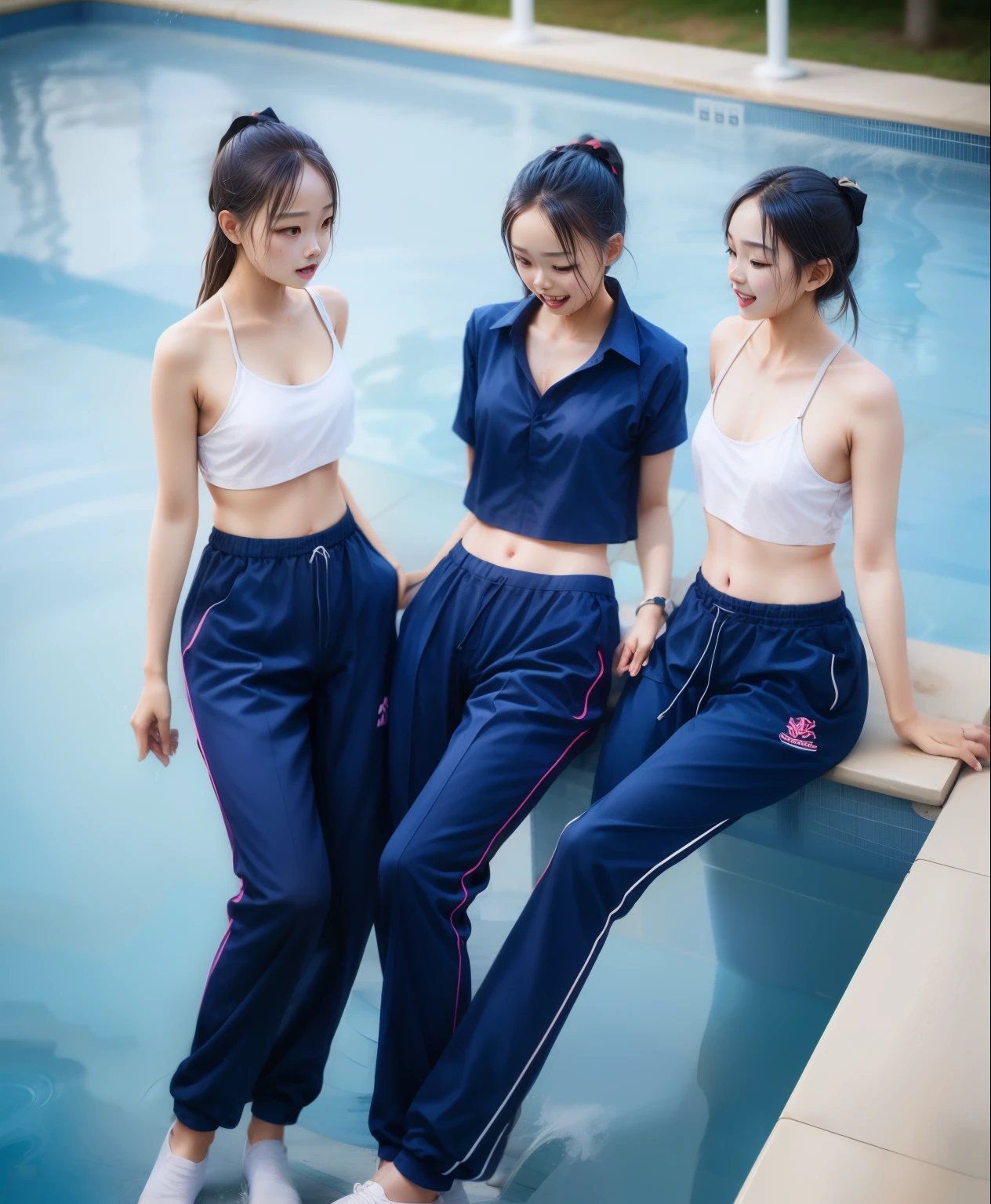 3 girls in the swimming pool, black underwear,Navy Long Trackpant,Sweatpants, Sweatpantsขายาว,25 year old girl, lesbian, sexy, exercise clothes, wet body