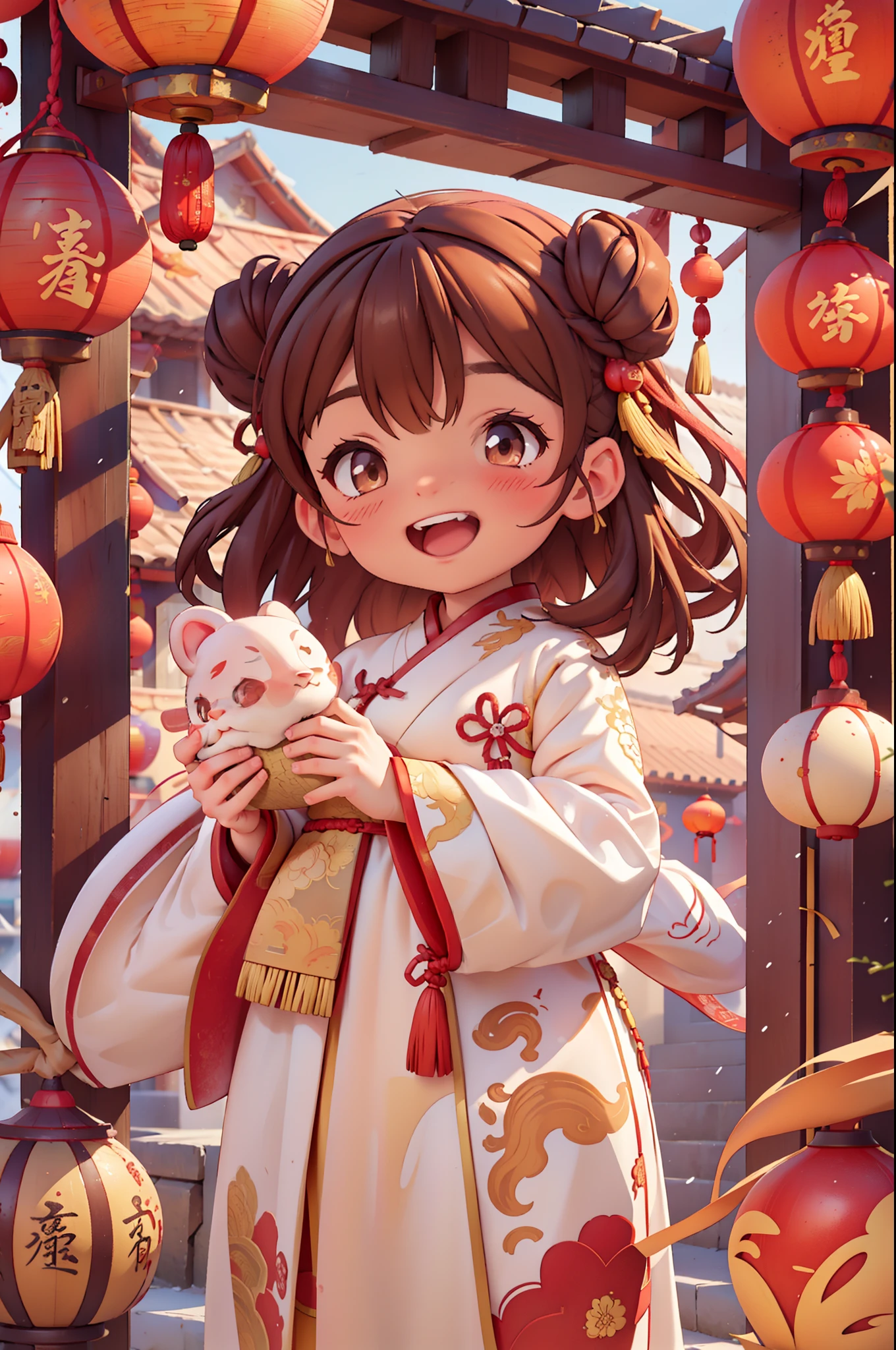 8k,original photo,(masterpiece:1.2),alone,Super detailed,Extremely detailed CG 8k wallpaper,incubation (texture),CNY,1 girl,alone,Wear traditional Chinese clothing to welcome the winter solstice festival, long hair,looking at the audience,blush,Smile,open mouth,simple background,brown hair,hair accessories,Hanfu，long sleeves,skirt,Double tail,brown eyes,Raise your hand,low Double tail,Chinese clothes,red background,Big red lanterns hung high，Holding a wishful ornament，