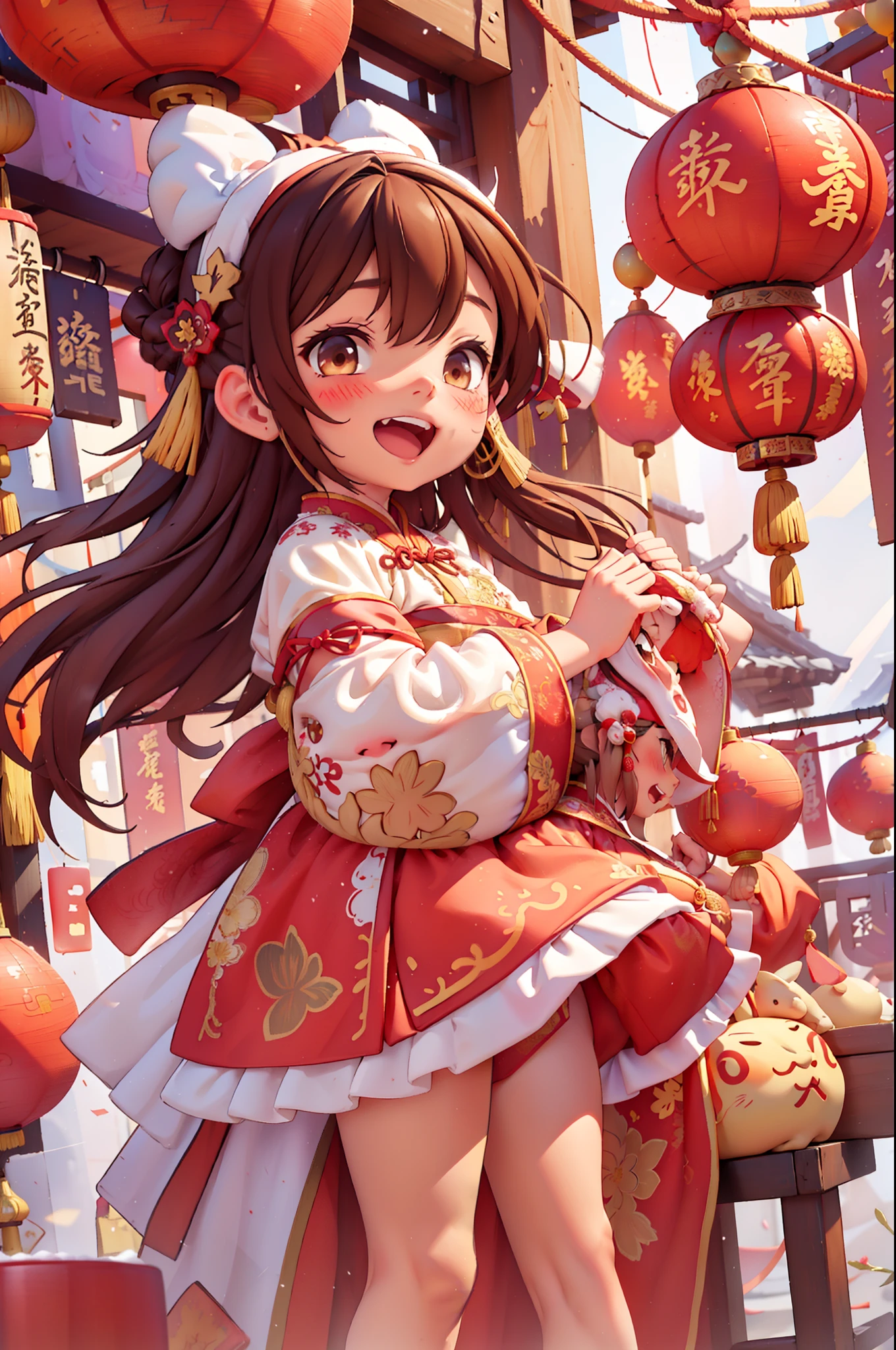 8k,original photo,(masterpiece:1.2),alone,Super detailed,Extremely detailed CG 8k wallpaper,incubation (texture),CNY,1 girl,alone,Wear traditional Chinese clothing to welcome the winter solstice festival, long hair,looking at the audience,blush,Smile,open mouth,simple background,brown hair,hair accessories,Hanfu，long sleeves,skirt,Double tail,brown eyes,Raise your hand,low Double tail,Chinese clothes,red background,Big red lanterns hung high，Holding a wishful ornament，