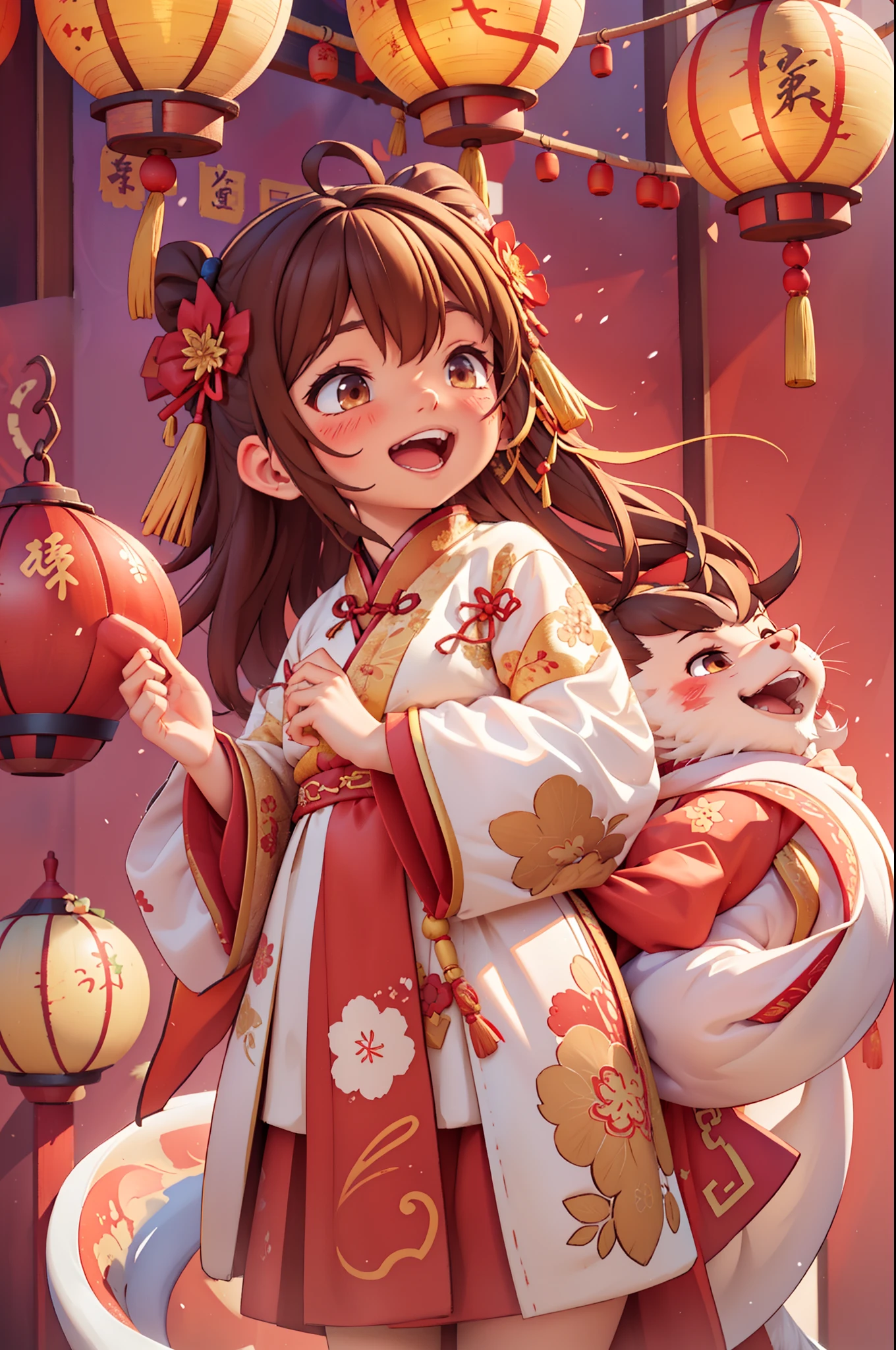 8k,original photo,(masterpiece:1.2),alone,Super detailed,Extremely detailed CG 8k wallpaper,incubation (texture),CNY,1 girl,alone,Wear traditional Chinese clothing to welcome the winter solstice festival, long hair,looking at the audience,blush,Smile,open mouth,simple background,brown hair,hair accessories,Hanfu，long sleeves,skirt,Double tail,brown eyes,Raise your hand,low Double tail,Chinese clothes,red background,Big red lanterns hung high，Holding a wishful ornament，