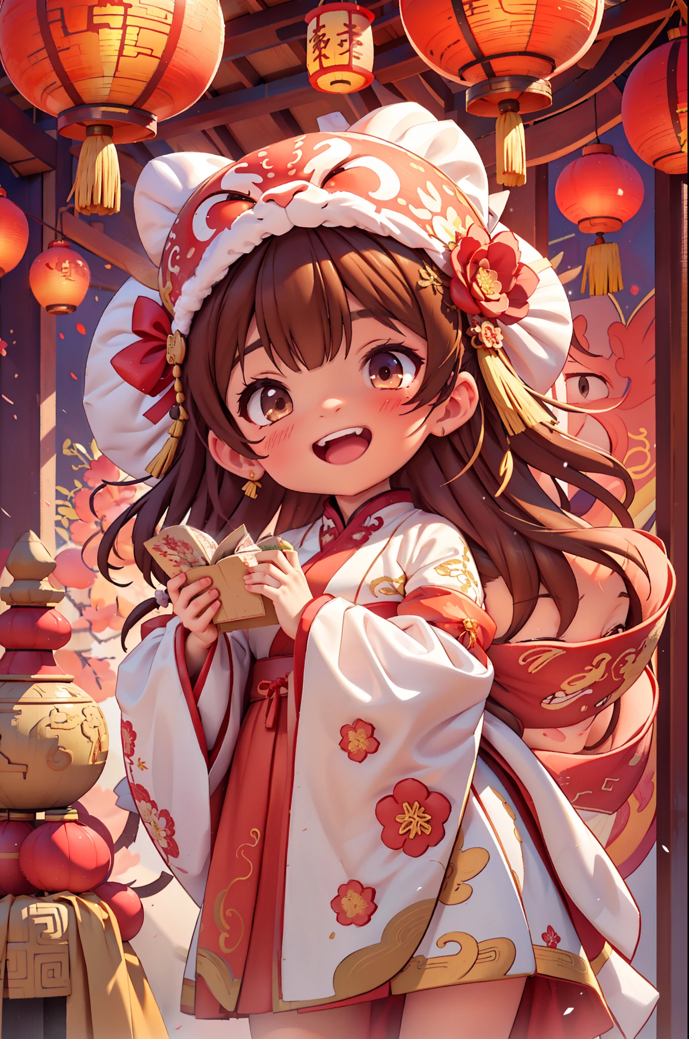 8k,original photo,(masterpiece:1.2),alone,Super detailed,Extremely detailed CG 8k wallpaper,incubation (texture),CNY,1 girl,alone,Wear traditional Chinese clothing to welcome the winter solstice festival, long hair,looking at the audience,blush,Smile,open mouth,simple background,brown hair,hair accessories,Hanfu，long sleeves,skirt,Double tail,brown eyes,Raise your hand,low Double tail,Chinese clothes,red background,Big red lanterns hung high，Holding a wishful ornament，