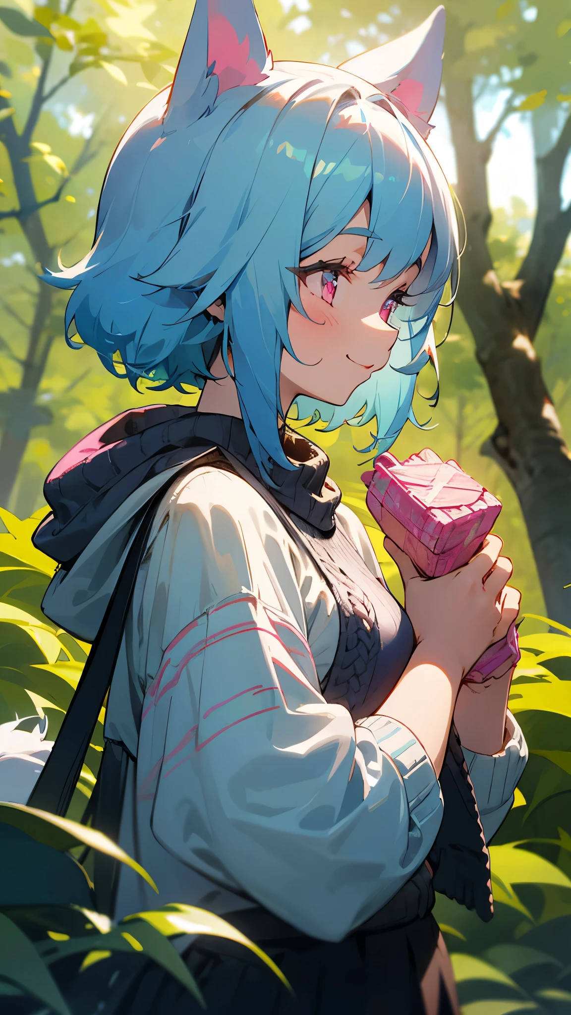  girl、light blue hair、dog ears、pink eyes、smile、small breasts、skirt、colorful knitwear、in the forest、morning、From the side、upper body close-up、Have a packed lunch