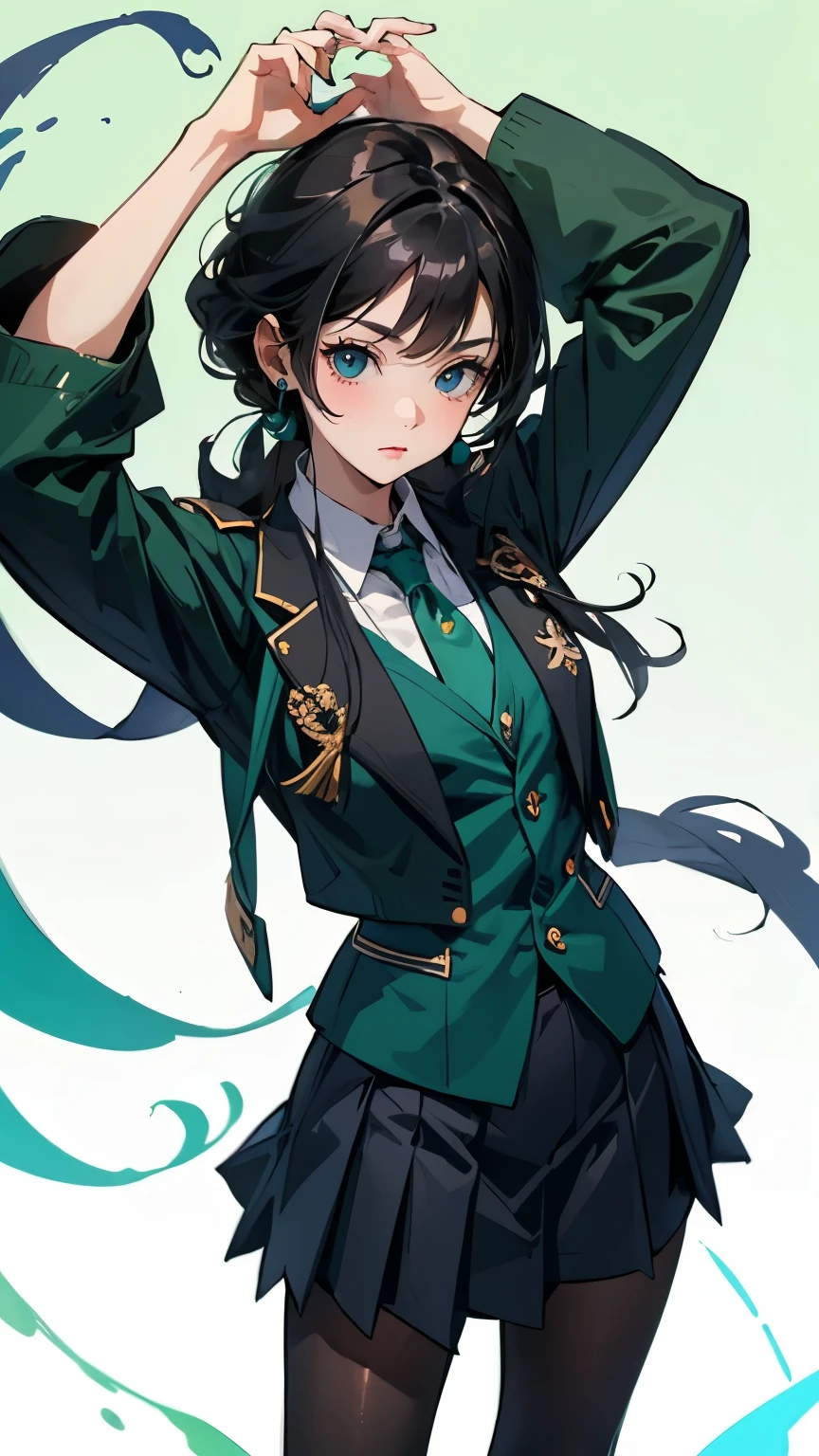 masterpiece, highest quality, 1 girl, alone, Nahida_Genshin, cross-shaped pupil, school uniform, green tie, blazer, pleated skirt, green cloak, Are standing