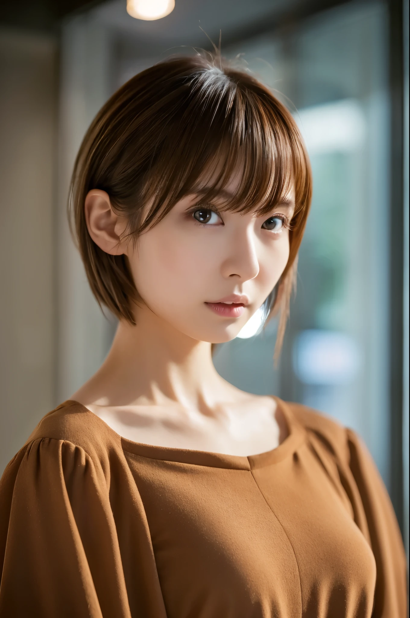 Top quality, realistic, perfect human body structure, very detailed, very delicate and beautiful, RAW photography, professional lighting, luminescence, depth of field, single focal, full body, Skinny Japanese lady, 30 year old lady, brown hair, small head, beautiful eyes, real face, realistic skin, detailed eyes, (fashionable hairstyle:1.3), sexy pose, absurderes, Incredibly Ridiculous res, Extremely fine, Blouse