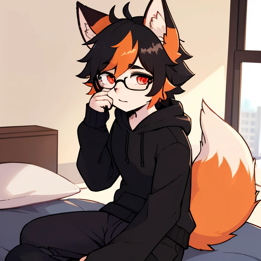 no fur, fluffy black hair, glasses, only person, pale skin, orange highlights, crimson eyes, profile picture, fox tail, male, femboy, in room, gay, hoodie and pants, fox tail, profile picture, sweatpants, introvert, only person in room, fox ears, curly hair