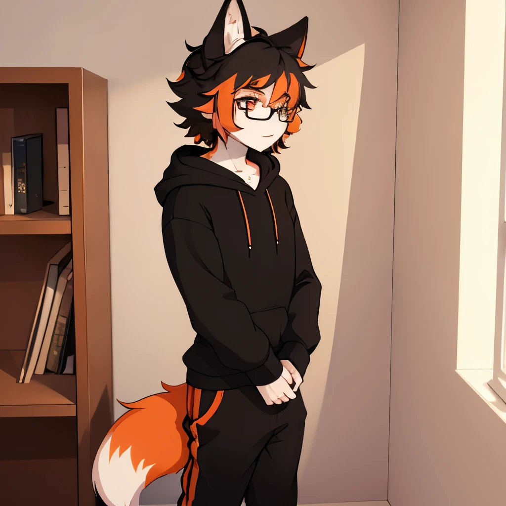 no fur, fluffy black hair, glasses, only person, pale skin, orange highlights, crimson eyes, profile picture, fox tail, male, femboy, in room, gay, hoodie and pants, fox tail, profile picture, sweatpants, introvert, only person in room, fox ears, curly hair