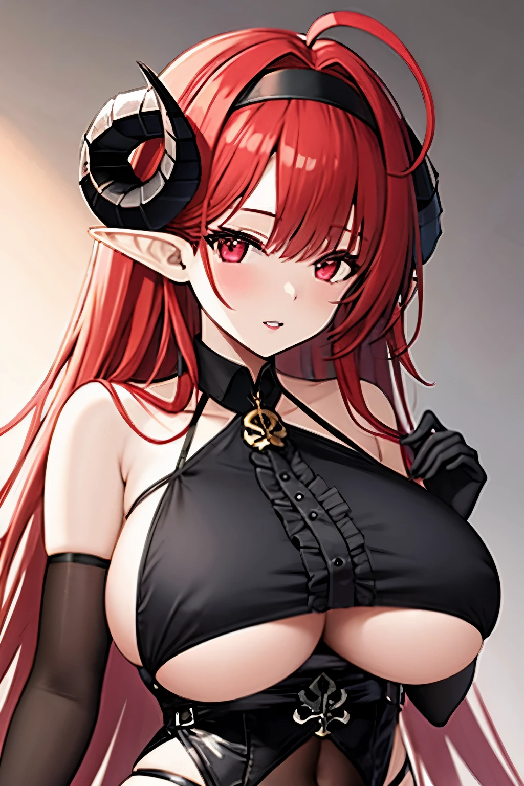1girl, pointy ears, horns, solo, red hair, long hair, red eyes, bare shoulders, looking at viewer, huge breasts, gloves, elbow gloves, ahoge, hairband, black gloves, underboob, upper body, demon girl, hair intakes, very long hair, frills, slit pupils, parted lips,(shiny skin),(mature female:1.2),hindenburg \(azur lane\),