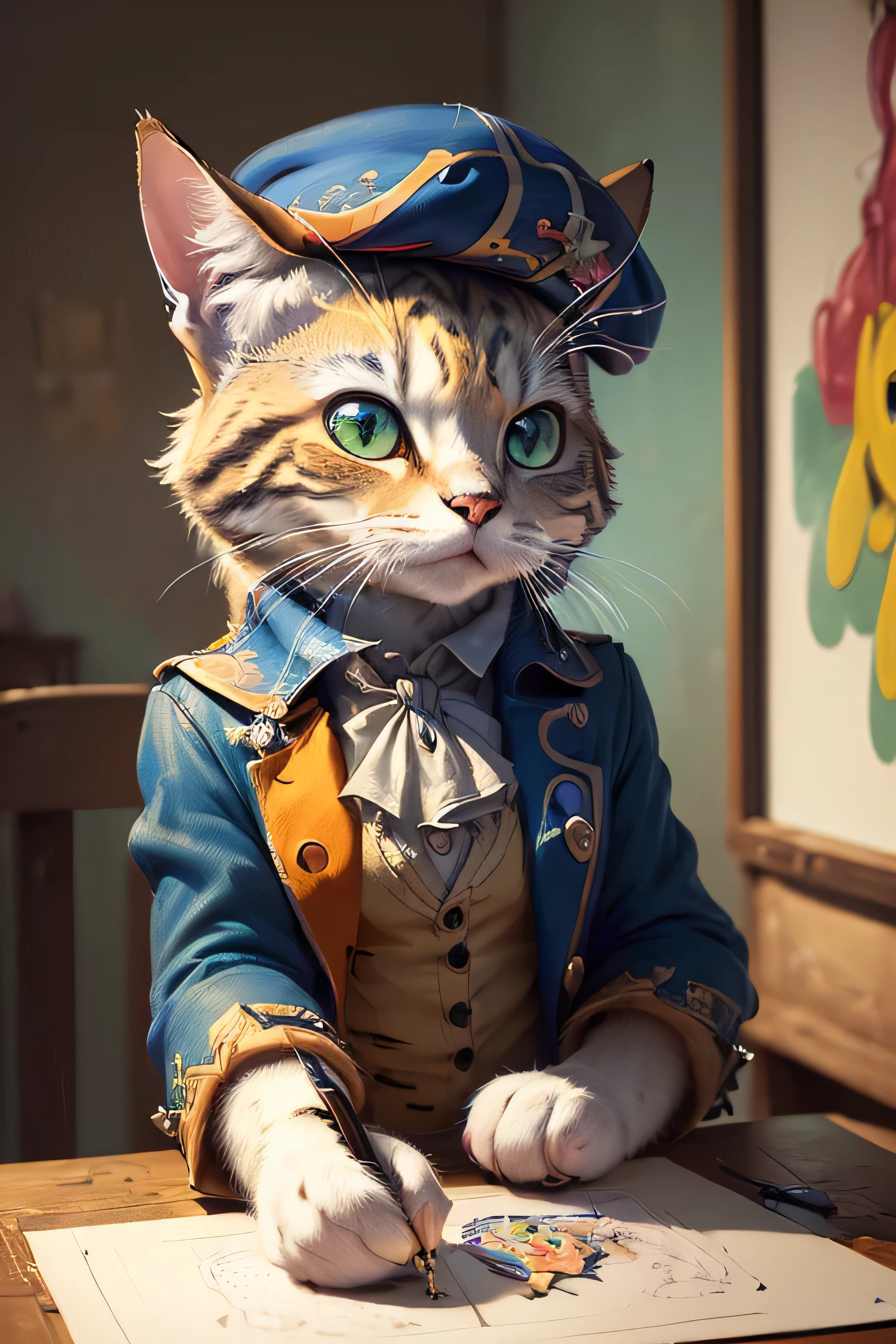 (Best Quality, Masterpiece, Ultra High Definition, High resolution, highly detailed:1.5), A cat wearing a beret and drawing a picture, Character, colorful, paint art, Neon color