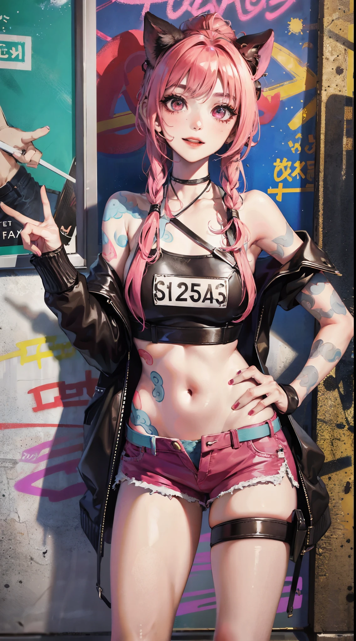 doom,meaty thighs,Poster publicity style,Ingram,posture,short shorts,Western Metal,Street graffiti,happy expression