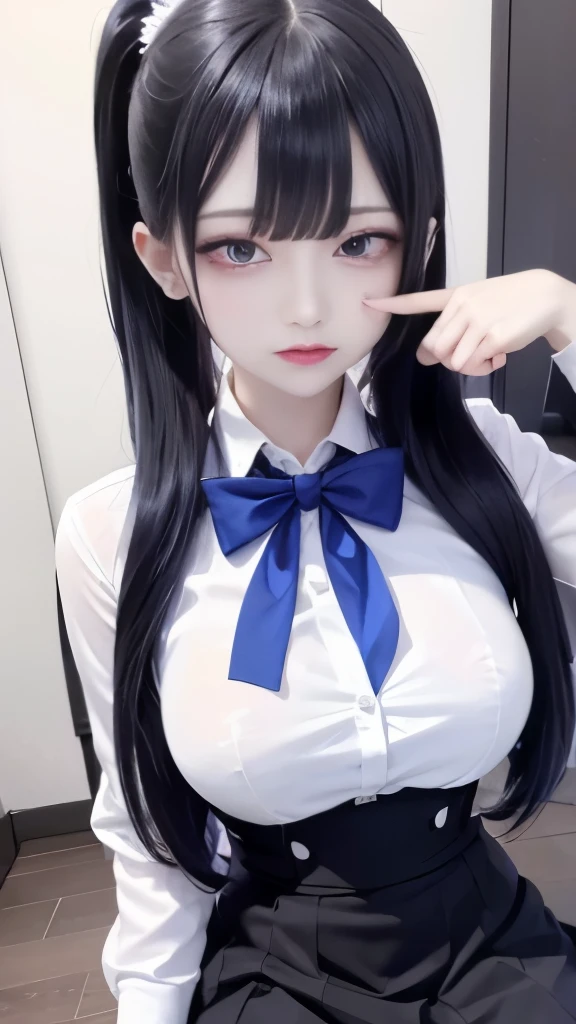 highest quality, masterpiece,, figure, wallpaper,1 girl, alone, school uniform, white shirt, black skirt, bright hair, medium long hair, beautiful detailed girl, highly detailed eyes and face, beautiful and fine eyes, shy, nature_lit, shine,NSFW, clean null, looking at the viewer, outdoor, night null, star (null), loafers, black pantyhose, blue bow tie, straight hair, Purple petals, Purple and blue flowers, red pupil, ponytail, blue ribbon,gray hair, thick_thighs, big breasts, red eyes,