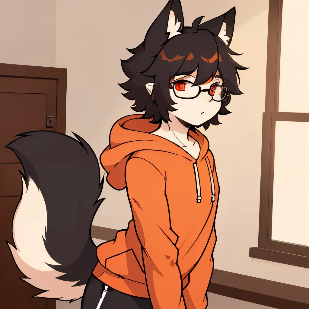 no fur, fluffy black hair, glasses, only person, pale skin, orange highlights, crimson eyes, profile picture, fox tail, male, femboy, in room, gay, hoodie and pants, fox tail, profile picture, sweatpants, introvert, only person in room, fox ears, curly hair