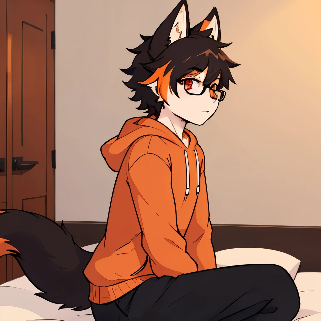 no fur, fluffy black hair, glasses, only person, pale skin, orange highlights, crimson eyes, profile picture, fox tail, male, femboy, in room, gay, hoodie and pants, fox tail, profile picture, sweatpants, introvert, only person in room, fox ears, curly hair