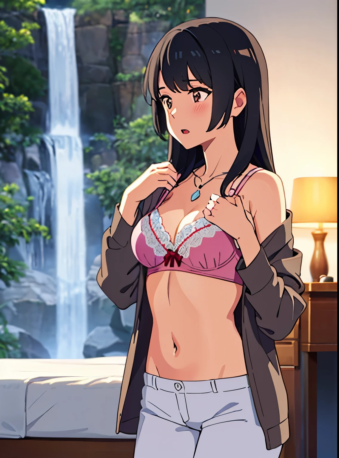 1middle age man, wrinkle face, black hair,bangs swept to the right side, Middle aged man behind girl, touching chest, breatsgrope from behind, grab, grabbing chest,chestgrab behind back, removing bra, hold bra, hug back, hugging, neck kiss, 1girl, black hair, waterfall braid, red ribbon, long hair, brown eyes, blue star necklace, light cardigan pink, open shirt, off shoulders, yellow shirt open shifrt, navel, white bra, white pants, cute, open mouth, full body, long sleeves, cowboy shot, masterpiece, on a dating, blushing, bedroom, curtains,lamp, sit on bed, 