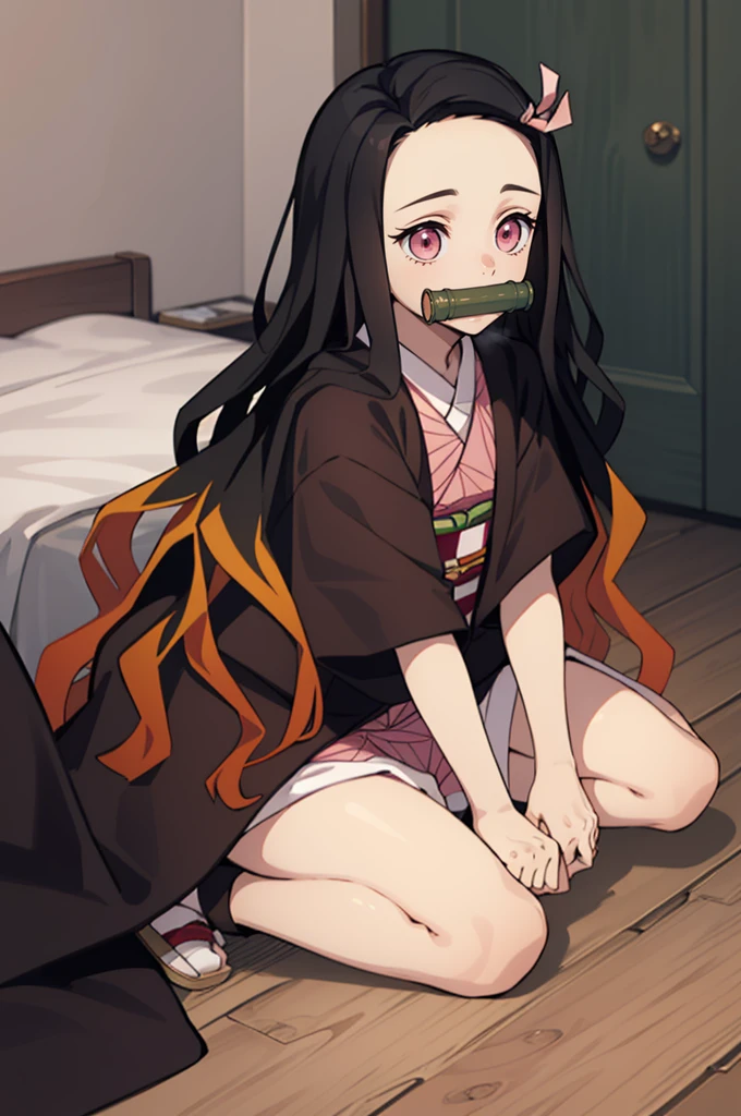 1girl (masterpiece) (highest quality) (shiny hair) (shiny skin), kamado nezuko, demon slayer style, black hair, forehead, hair ribbon, kimono, long hair, multicolored hair, pink eyes, pink kimono, pink ribbon, ribbon, very long hair, gagged, bit gag, (***********, : 1.2) (pink cute room), (pink gothic room), (messy room, fairy tale, Macarons, candy, heart items, ribbons, star items, small windows, (sundries are placed in a mess), dresser, anti-makassar, wariza, sitting, squatting, kneeling, between the legs