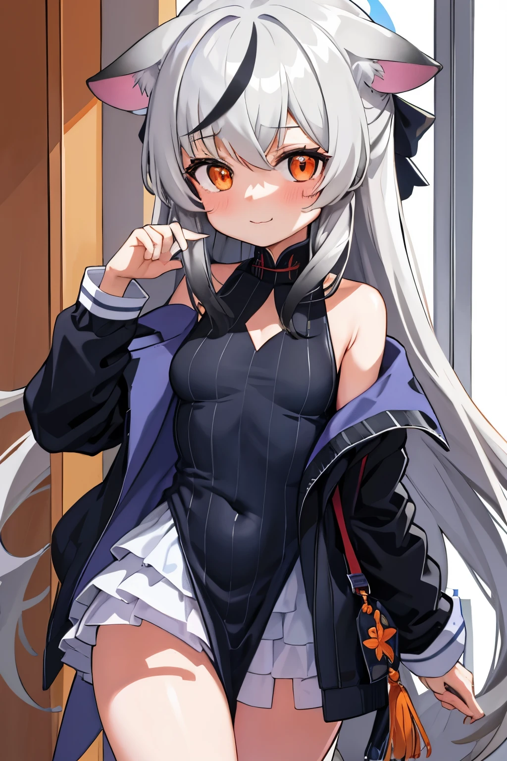 tmasterpiece, best qualtiy, ultra - detailed, 1girll,Gray hair Kokona, inside in room, Orange eye, :3,the face, closeup cleavage, Winter suit, winter wonder