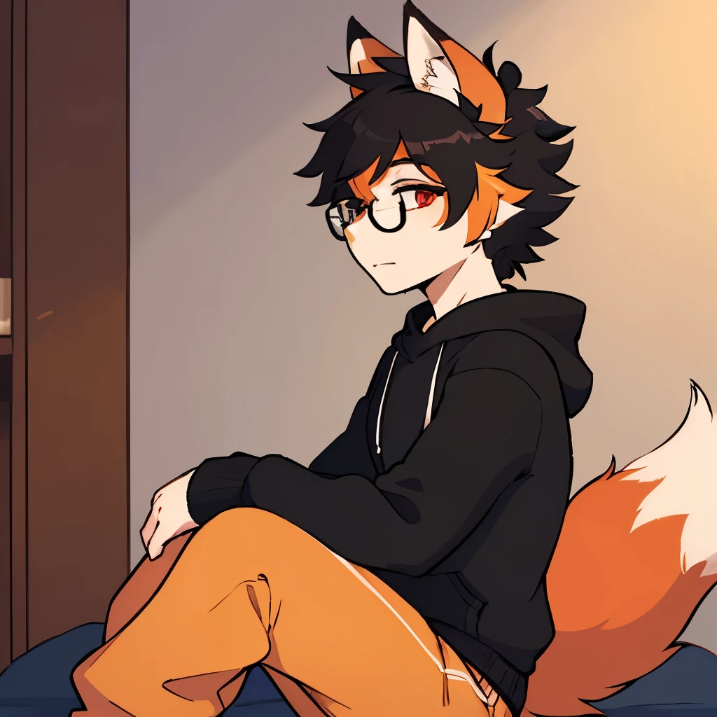 no fur, fluffy black hair, glasses, only person, pale skin, orange highlights, crimson eyes, profile picture, fox tail, male, femboy, in room, gay, hoodie and pants, fox tail, profile picture, sweatpants, introvert, only person in room, fox ears, curly hair