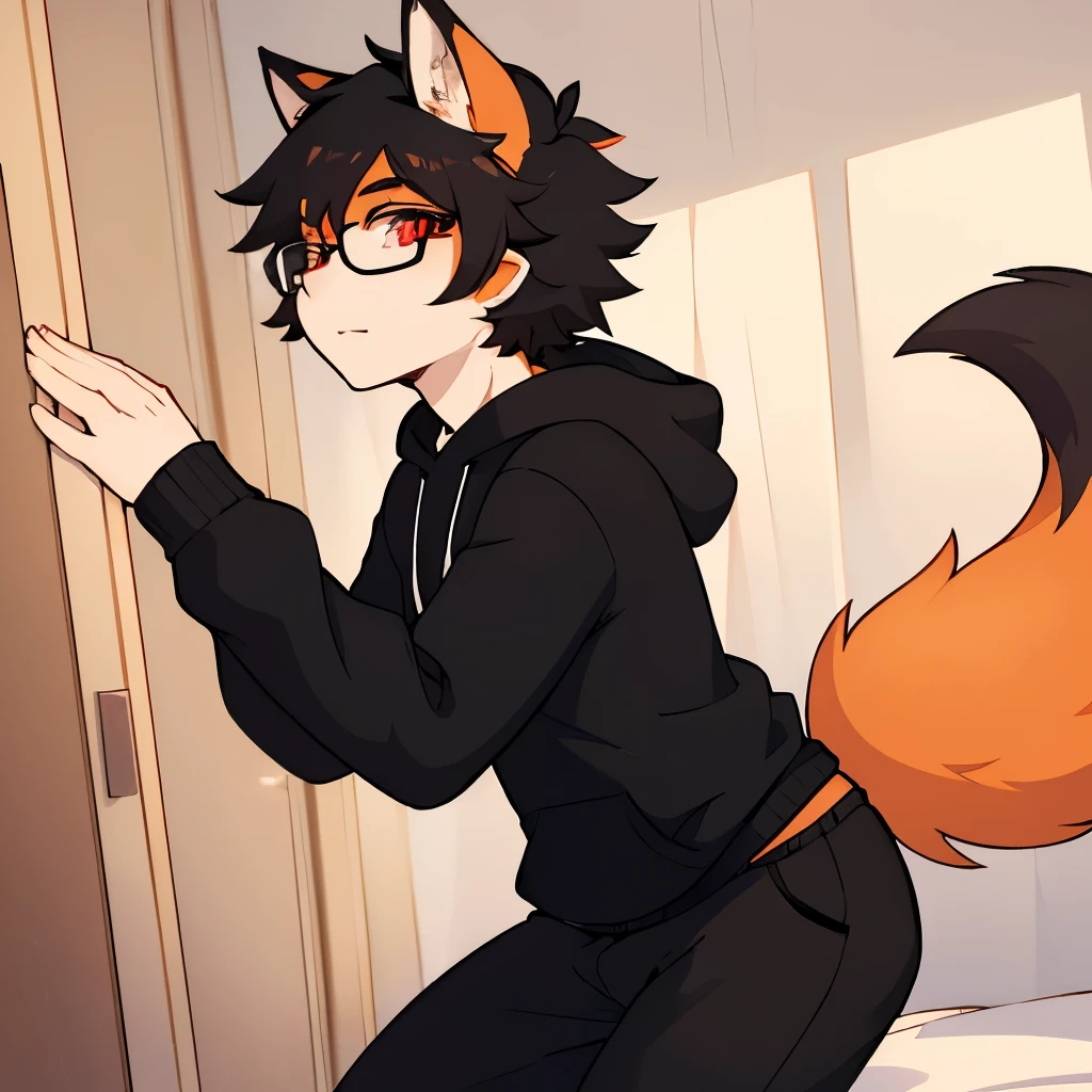 no fur, fluffy black hair, glasses, only person, pale skin, orange highlights, crimson eyes, profile picture, fox tail, male, femboy, in room, gay, hoodie and pants, fox tail, profile picture, sweatpants, introvert, only person in room, fox ears, curly hair