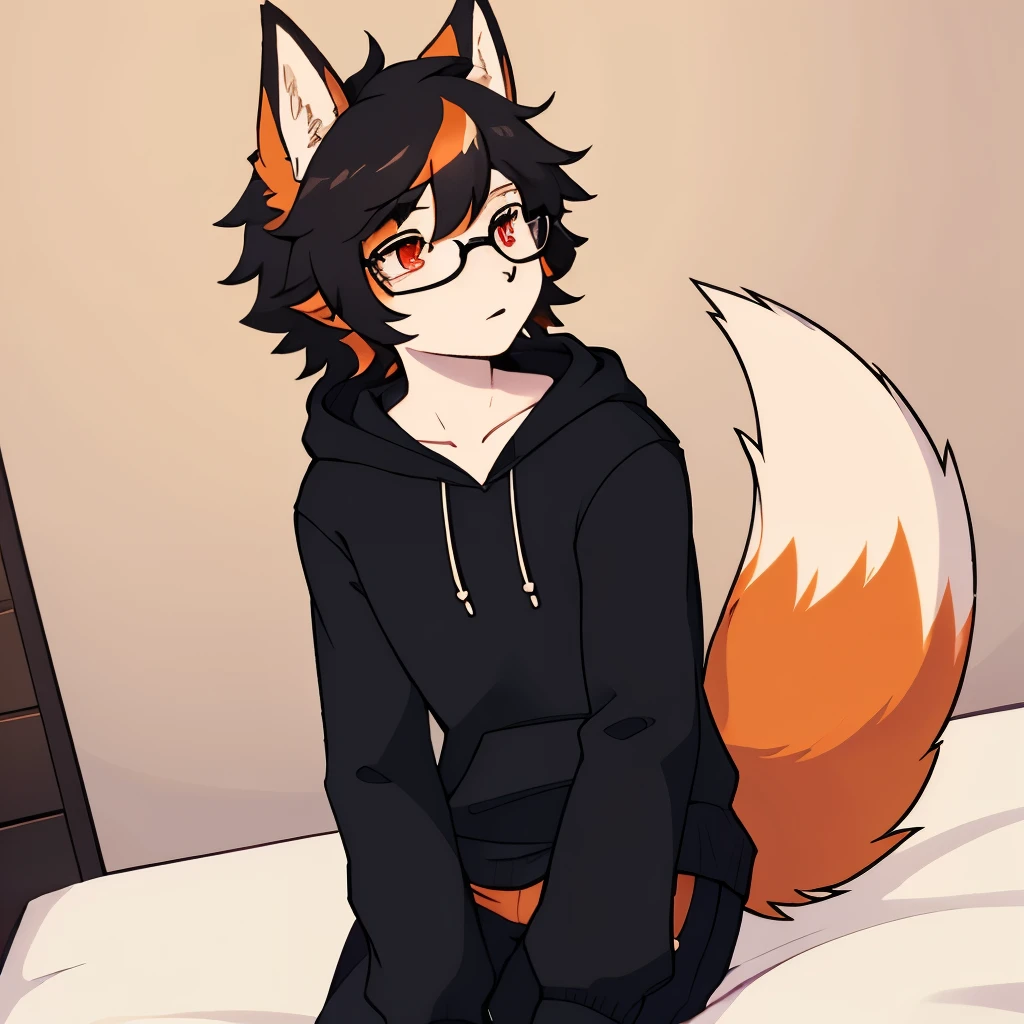 no fur, fluffy black hair, glasses, only person, pale skin, orange highlights, crimson eyes, profile picture, fox tail, male, femboy, in room, gay, hoodie and pants, fox tail, profile picture, sweatpants, introvert, only person in room, fox ears, curly hair