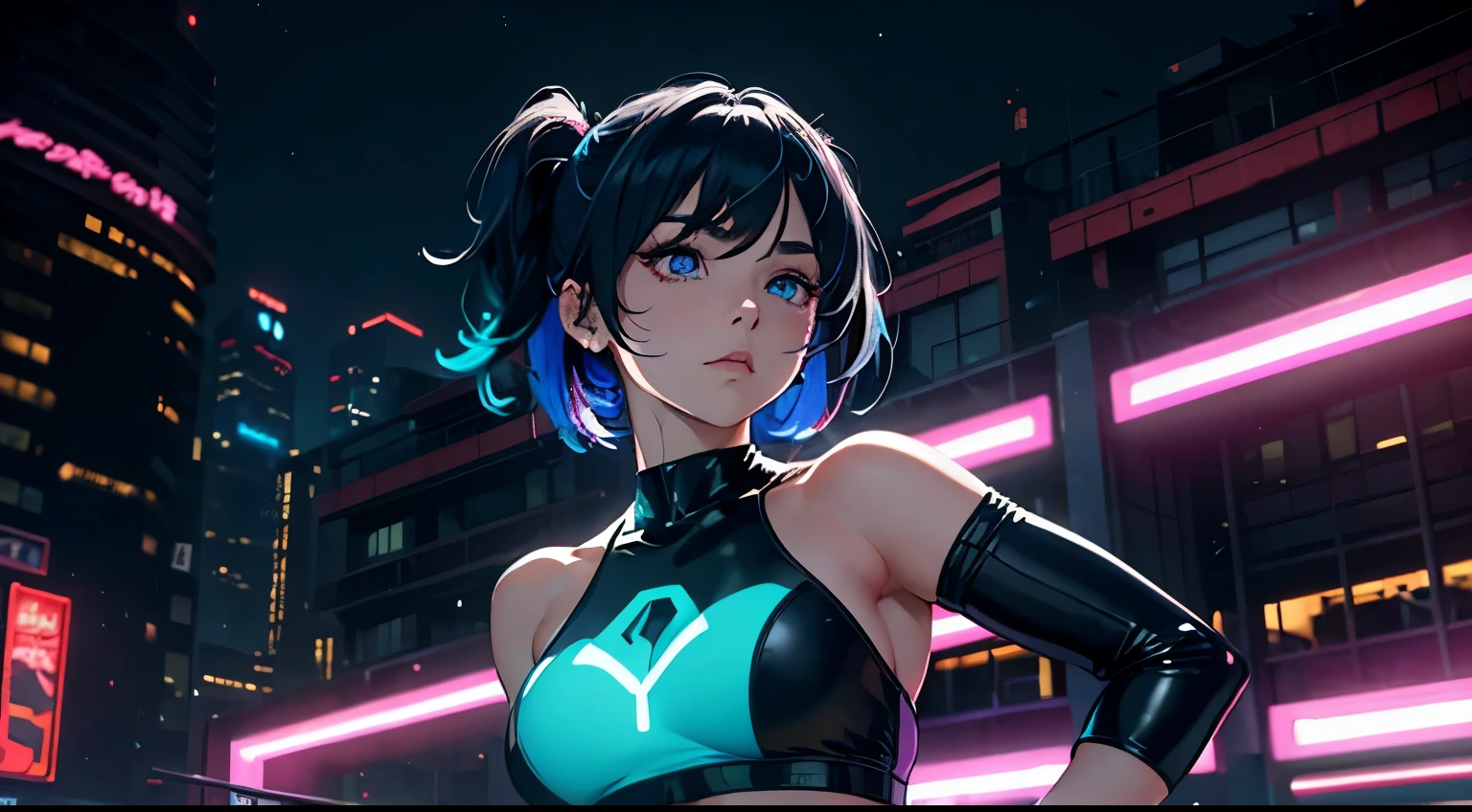 4K, A high resolution, Best quality at best, masterpiece, perfect colors, perfect shadow, perfect litthing, ((sportrait)), 1woman, fit-muscled body, bright yellow eyes,dark blue hair , blue eyes, With round lenses, detail in eyes, The audience watched carefully, (s face: 1.2), Perfect female figure, ((standing)), ((pink Tight crop top leather suit)), ((shy and looking at viewert)), (Perfect thick white eyebrows) Delicate fur, 详细s face, s the perfect face, At a fantasy cyberpunk city , (model pose standing), energetic background, perfect city skyscape, lighting atmosphere, ((Bonifasko lighting)), (The round lenses on his eyes)(詳細な目), Perfect student, face close up
