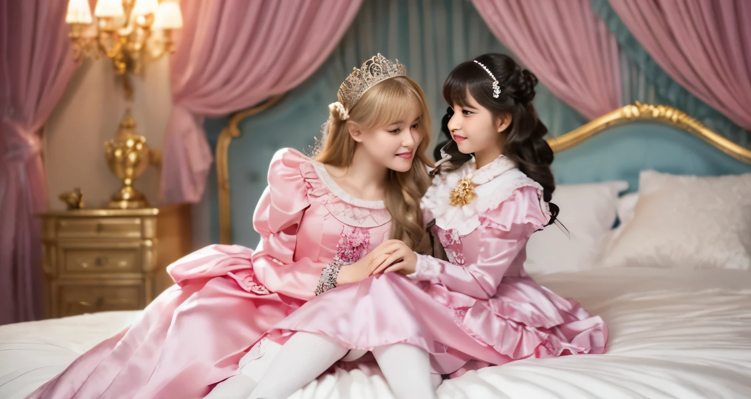 ,highest quality, masterpiece, highest resolution, artwork, super それにget used to it, many get used to it, get used to it, それにget used to it, 3K realistic photos,,((女の子)),Super detailed baby face,the two girls are princesses,Full length ball gown dress with hoop skirt,ruffled yoke collar,puff sleeves,long sleeve,((Lolita style pink detailed princess satin dress、Comes with lots of frills and ribbons。)),colorful rococo fashion,shiny satin dress,Soft and smooth fabric,luxury,long blonde hair,blue eyes,white skin european,pajamas,((inside the palace)),,,(( 10 years old)),Sd baby face,Full length ball gown dress with hoop skirt,long skirt,ruffled yoke collar,puff sleeves,腰まで伸びるlong blonde hair,blue eyes,white skin european,pajamas,((inside the palace bedroom)),シルクサテンのluxuryなcanopy bedの上,canopy bed,Luxurious curtains on both sides of the bed,many frilly pillows on the bed,super detailed background,Detailed bed,romantic atmosphere,two little princesses on the bed,Two people hugging each other,((((Both legs are hidden in the dress)))),the dress is spread out on the bed,soft silk satin comforter,soft silk satin ruffled pillow,Beautiful girl illustration,detailed beautiful face detailed hair,detailed human eye ,detailed mouth, arm details,fine hands,Detailed pillow,