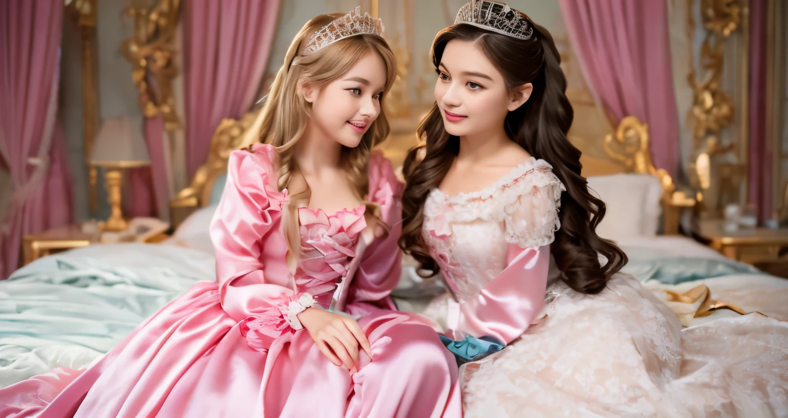 ,highest quality, masterpiece, highest resolution, artwork, super それにget used to it, many get used to it, get used to it, それにget used to it, 3K realistic photos,,((女の子)),Super detailed baby face,the two girls are princesses,Full length ball gown dress with hoop skirt,ruffled yoke collar,puff sleeves,long sleeve,((Lolita style pink detailed princess satin dress、Comes with lots of frills and ribbons。)),colorful rococo fashion,shiny satin dress,Soft and smooth fabric,luxury,long blonde hair,blue eyes,white skin european,pajamas,((inside the palace)),,,(( 10 years old)),Sd baby face,Full length ball gown dress with hoop skirt,long skirt,ruffled yoke collar,puff sleeves,腰まで伸びるlong blonde hair,blue eyes,white skin european,pajamas,((inside the palace bedroom)),シルクサテンのluxuryなcanopy bedの上,canopy bed,Luxurious curtains on both sides of the bed,many frilly pillows on the bed,super detailed background,Detailed bed,romantic atmosphere,two little princesses on the bed,Two people hugging each other,((((Both legs are hidden in the dress)))),the dress is spread out on the bed,soft silk satin comforter,soft silk satin ruffled pillow,Beautiful girl illustration,detailed beautiful face detailed hair,detailed human eye ,detailed mouth, arm details,fine hands,Detailed pillow,
