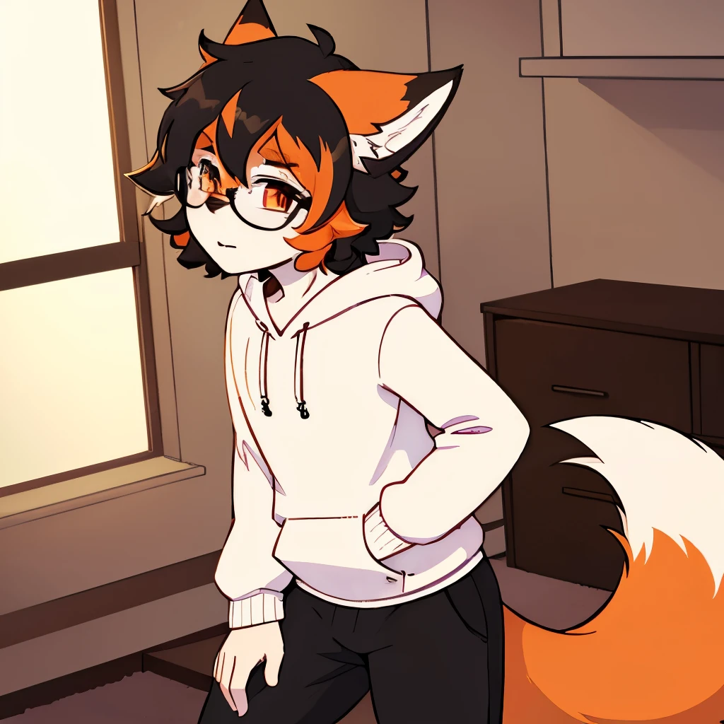 no fur, fluffy black hair, glasses, only person, pale skin, orange highlights, crimson eyes, profile picture, fox tail, male, femboy, in room, gay, hoodie and pants, fox tail, profile picture, sweatpants, introvert, only person in room, fox ears, curly hair