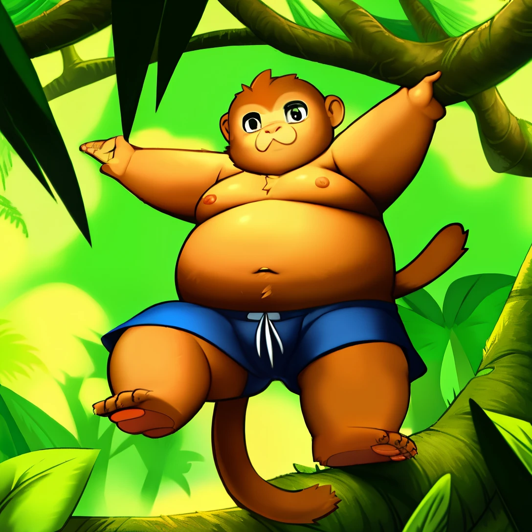 tropical trees, shorts, Humanity, Morkey, fat, furry male, monkey, fur, Lovely, overweight, abdomen, male, Humanity, masterpiece, best quality, Super detailed, Detailed digital artwork, Empty,  Atmospheric，nipple