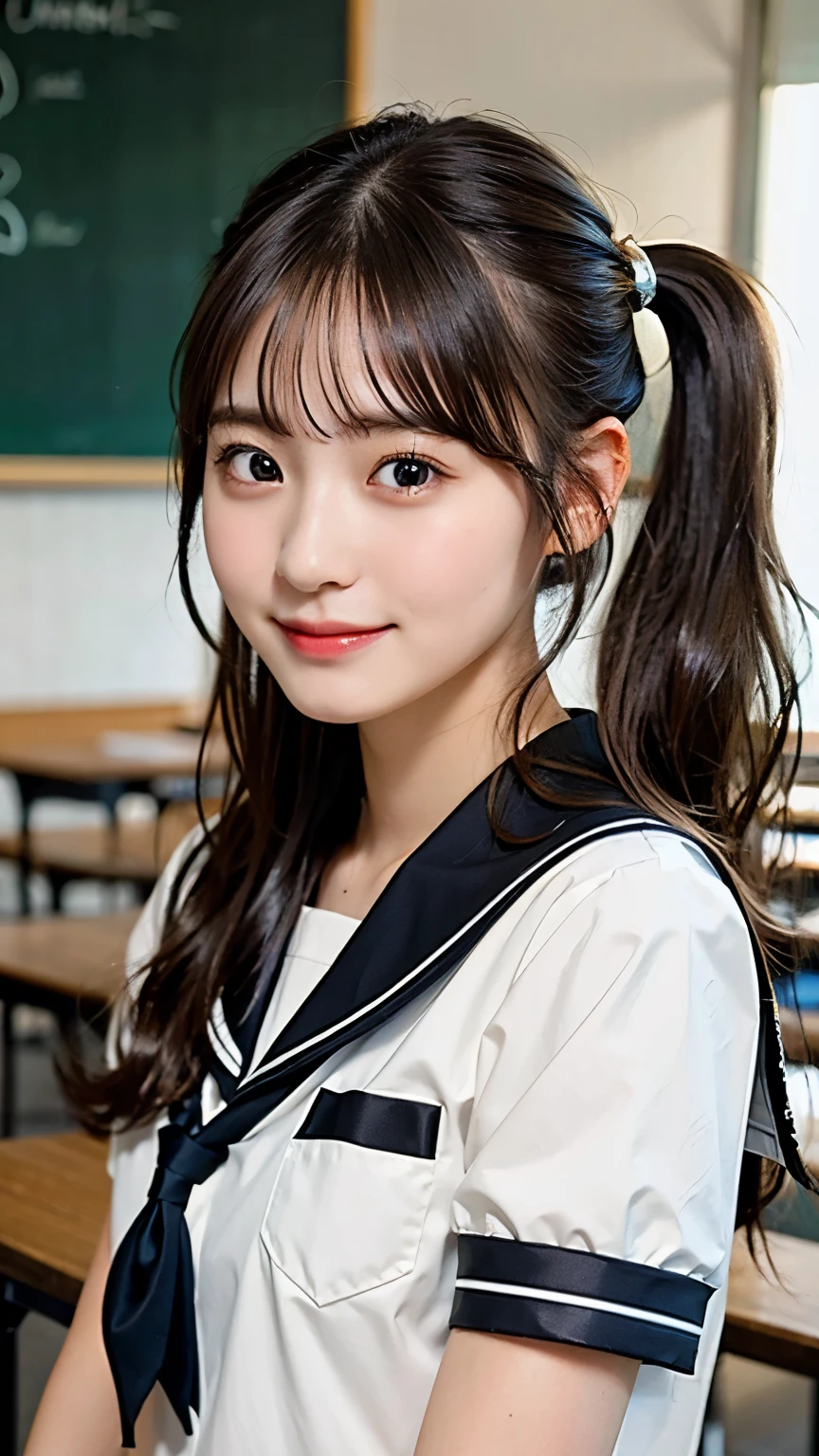 masterpiece, best quality, kawaii girl,classroom, brown hair, black eyes, school sailor uniform, shiny hair, side ponytail, write on the blackboard,
smile,